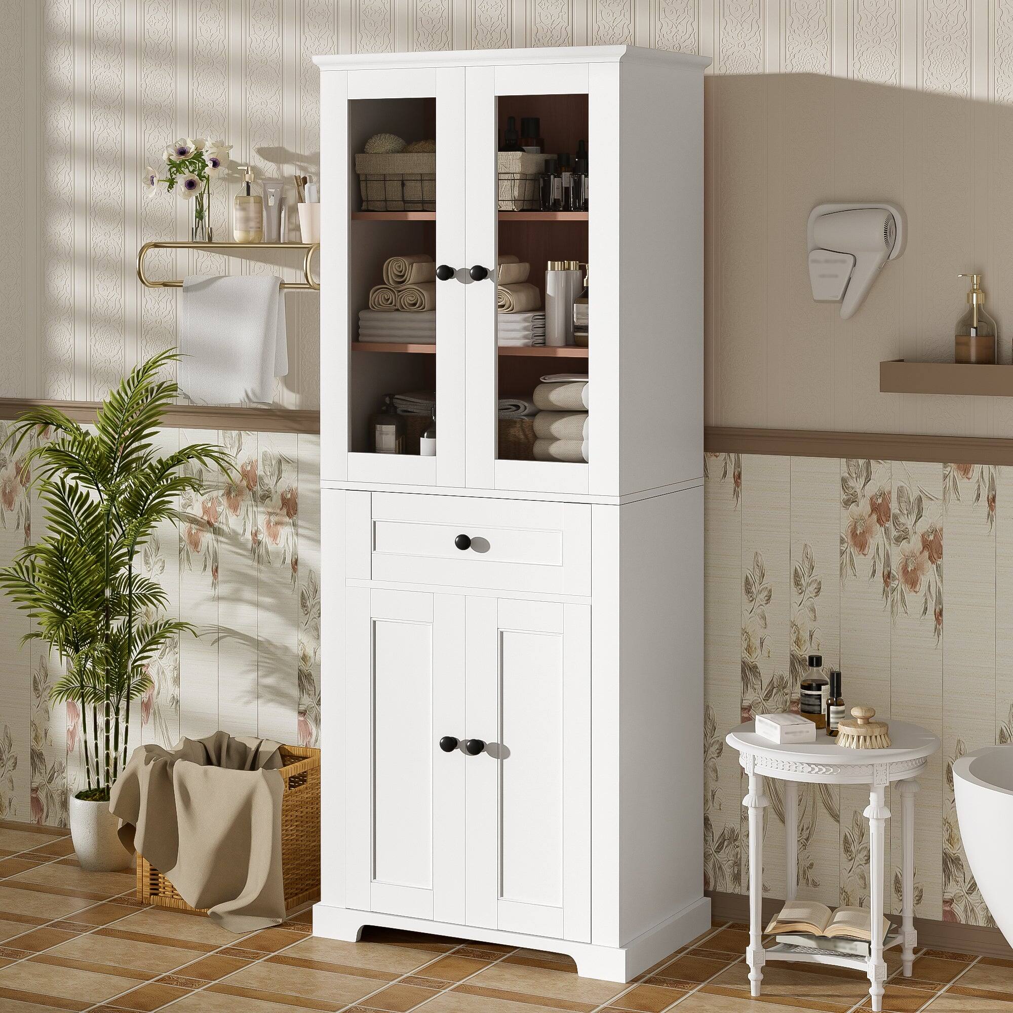 Alt View 2. Boyel Living - 67.2 Inch Tall Bathroom Storage Cabinet with Tempered Glass Doors Adjustable Shelves Drawer Soft Close Linen Tower - White.