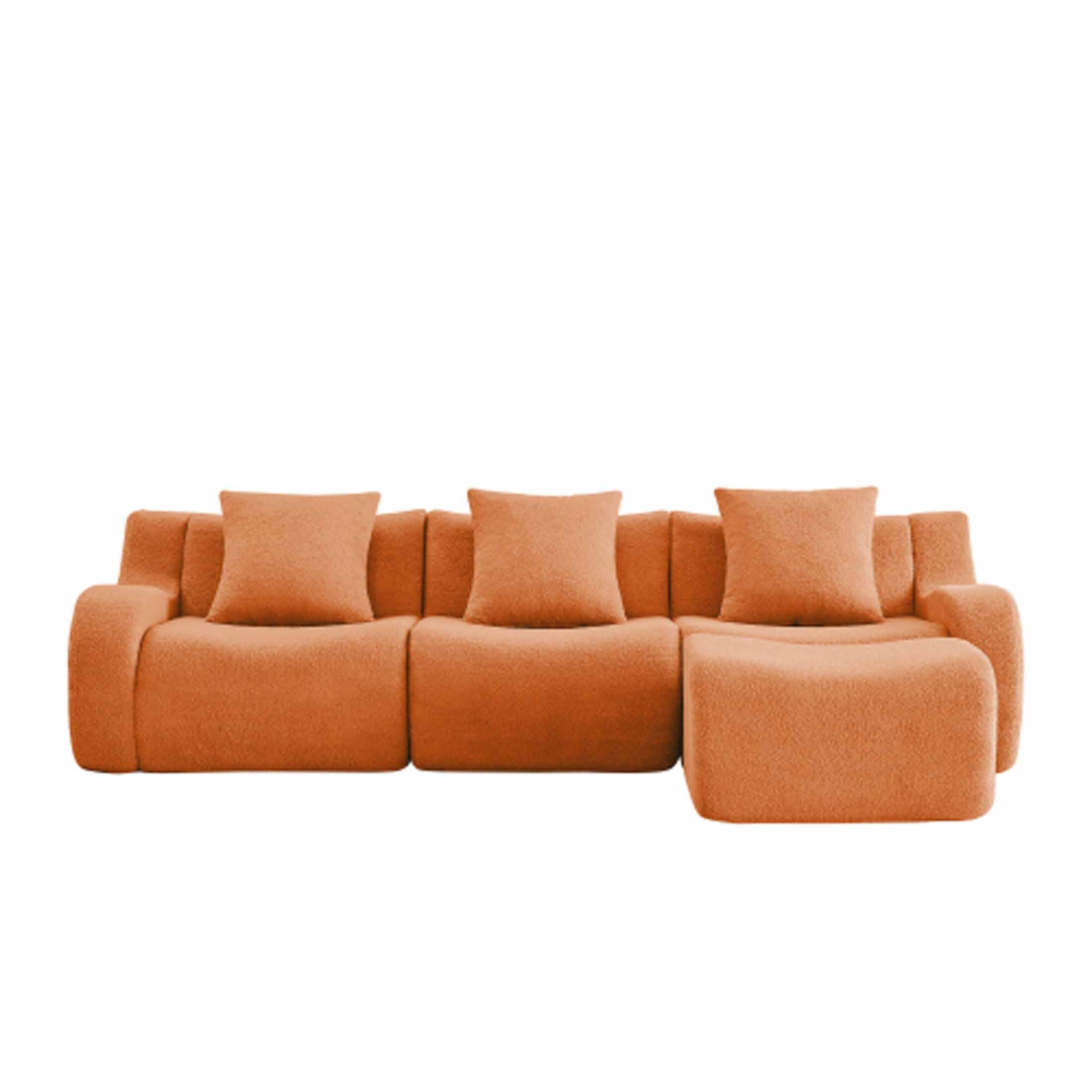Back. Aukfa - Modular Teddy Fabric Sofa - 3-Seat Sectional with 1 Ottoman, Soft Boneless Design for Living Room - Orange.