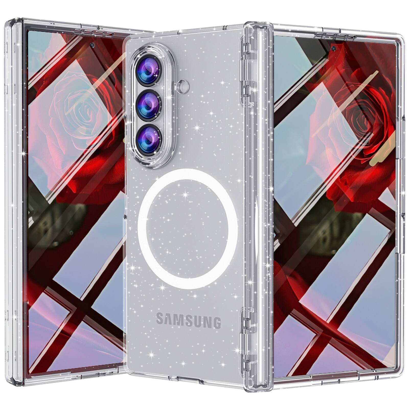 Alt View 3. Dteck - for Samsung Galaxy Z Fold8 Ultra Magnetic Clear Case with PET Screen Protector,Hinge Protection Shockproof Hard PC Cover - Glitter.