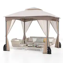 Costway - 10 X 10 FT Patio Gazebo with Netting Walls 4 Sandbags Zippered Doors Outdoor - Beige