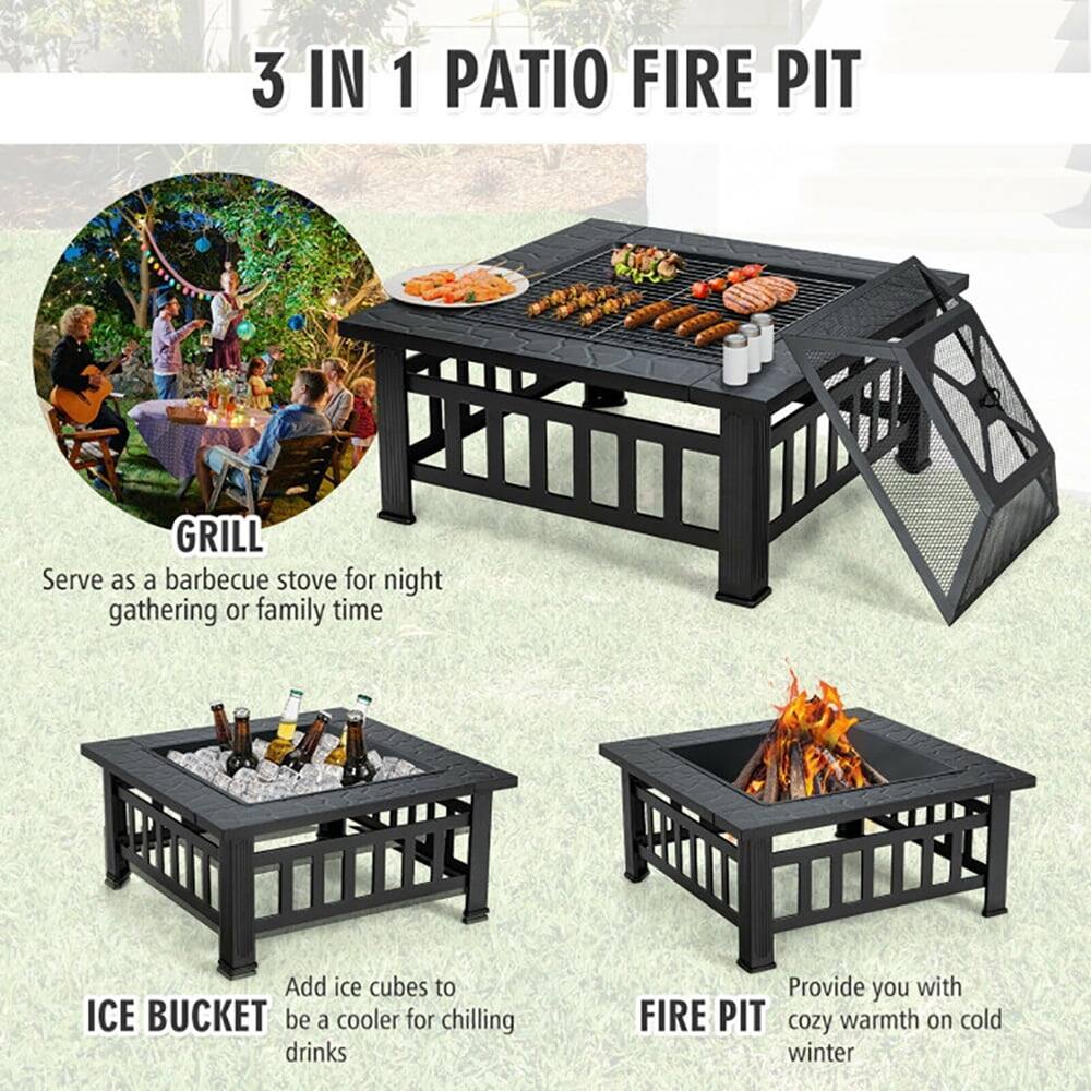 3 IN 1 PATIO FIRE PIT

GRILL  
Serve as a barbecue stove for night gathering or family time

ICE BUCKET  
Add ice cubes to be a cooler for chilling drinks

FIRE PIT  
Provide you with cozy warmth on cold winter