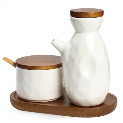Front. Garnen - Soy Sauce Dispenser Bottle Ceramic Spice Jars Set, Wooden Tray Condiments Container, Olive Oil Dispenser for Kitchen - White.