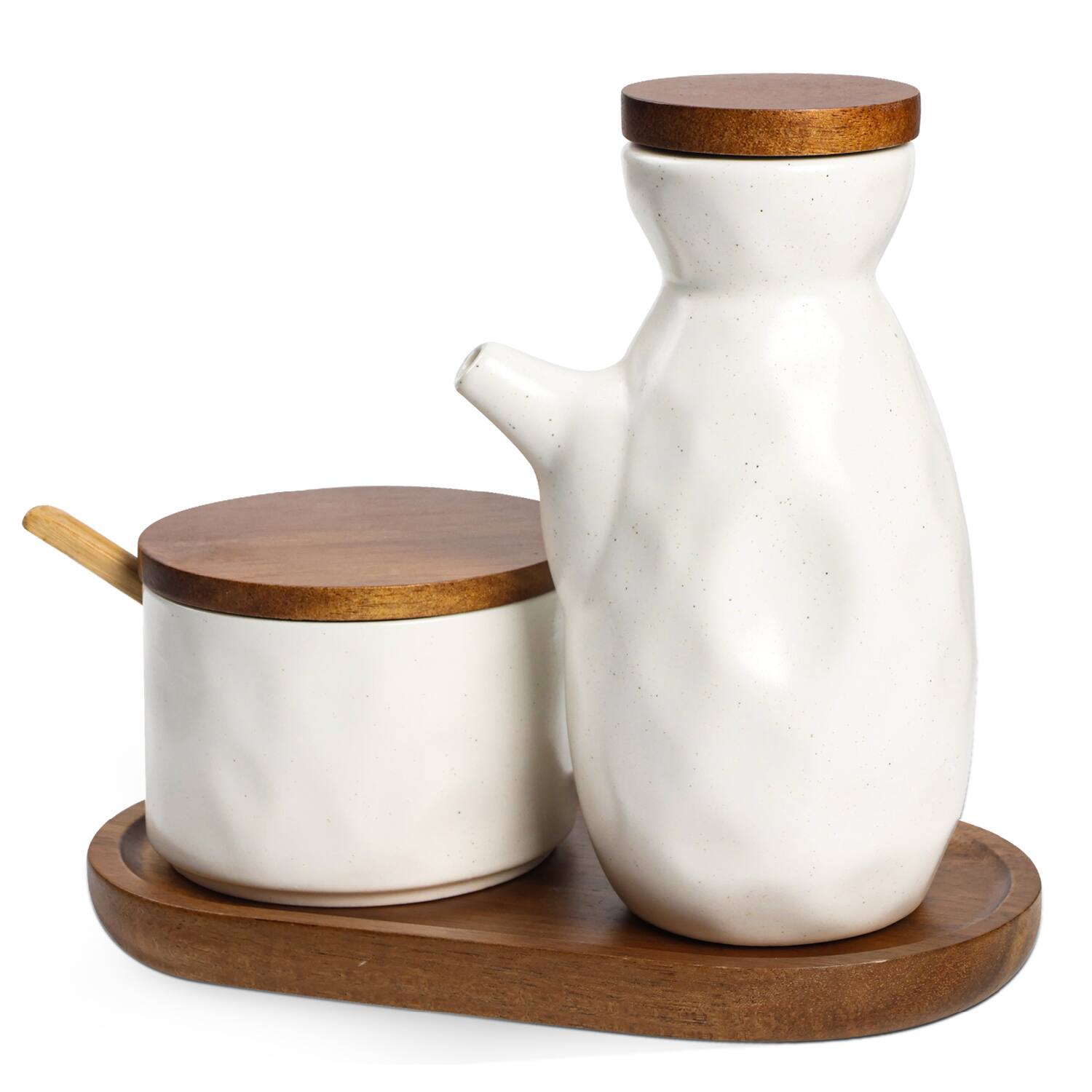 Front. Garnen - Soy Sauce Dispenser Bottle Ceramic Spice Jars Set, Wooden Tray Condiments Container, Olive Oil Dispenser for Kitchen - White.