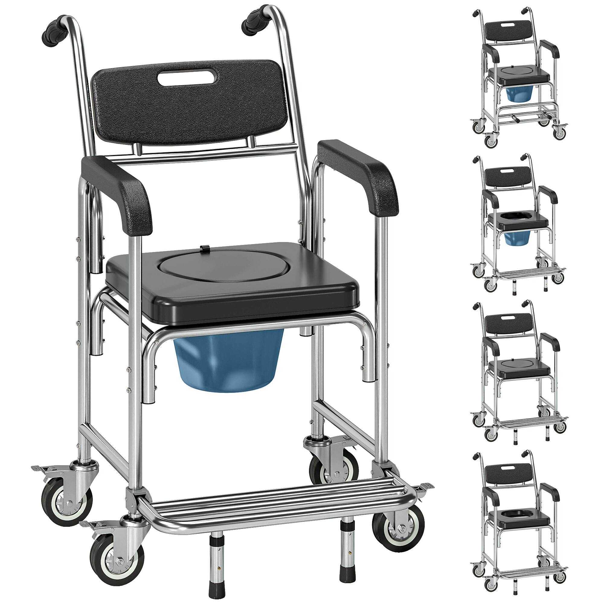 Front. Homcom - 3-in-1 Shower Commode Wheelchair, FSA/HSA Eligible Transport Beside Commode Chair - Black.