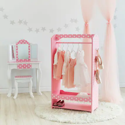 Front. Teamson Kids - Fantasy Fields Kids Polka Dots Clothing Rack with Storage, Pink.