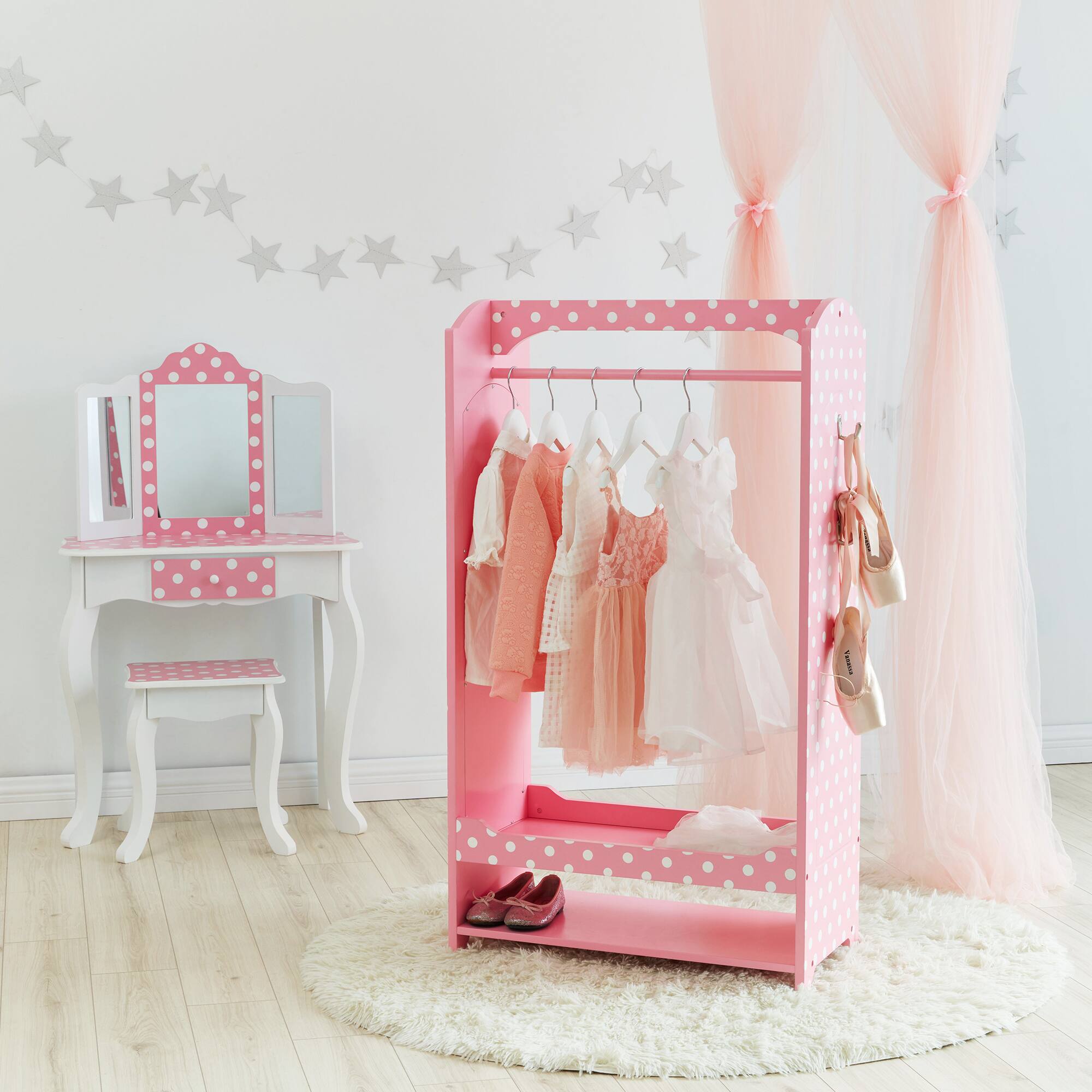 Front. Teamson Kids - Fantasy Fields Kids Polka Dots Clothing Rack with Storage, Pink.