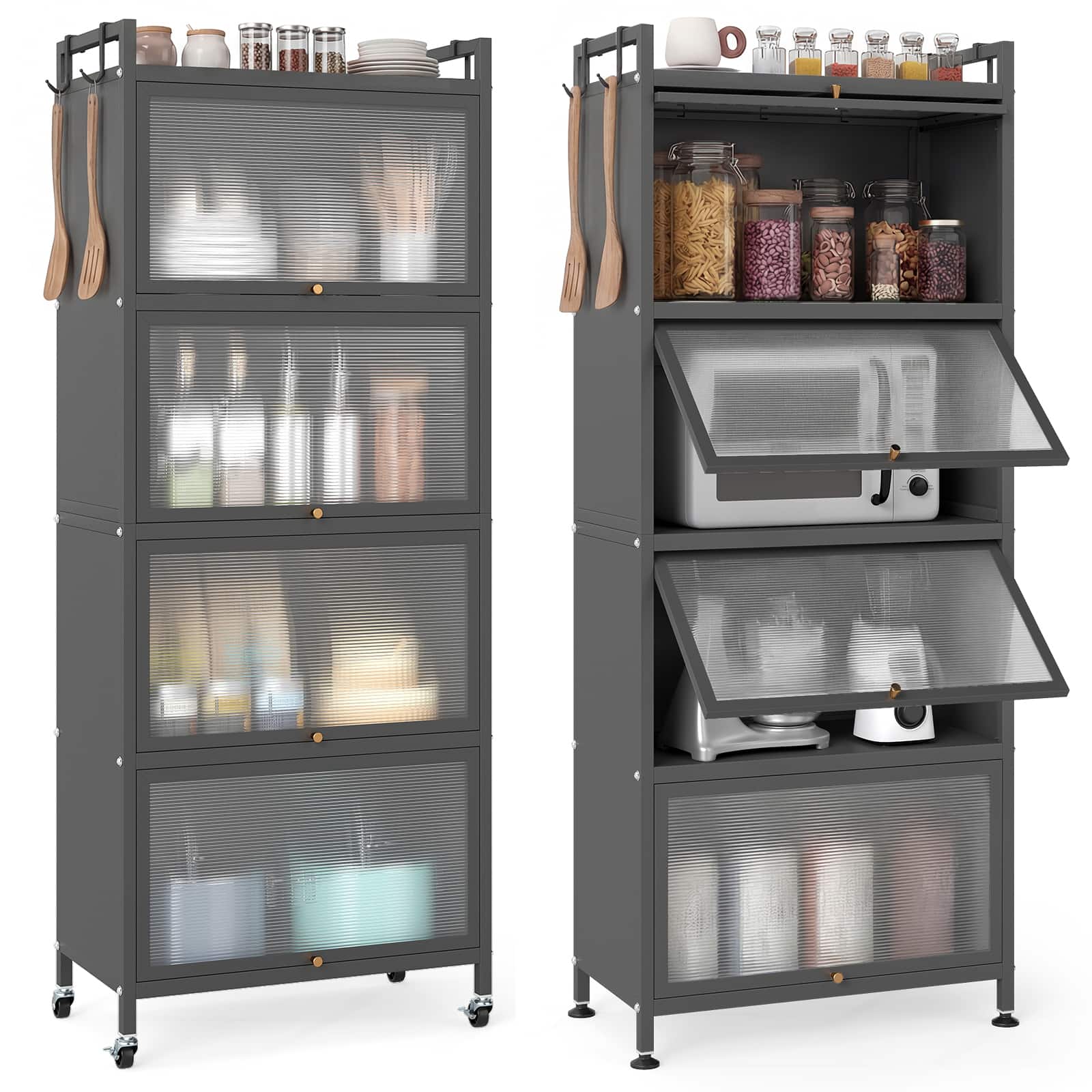 Costway - 5-Tier Kitchen Baker's Rack Storage Cabinet Mobile Microwave Stand Flip-up Doors - Gray