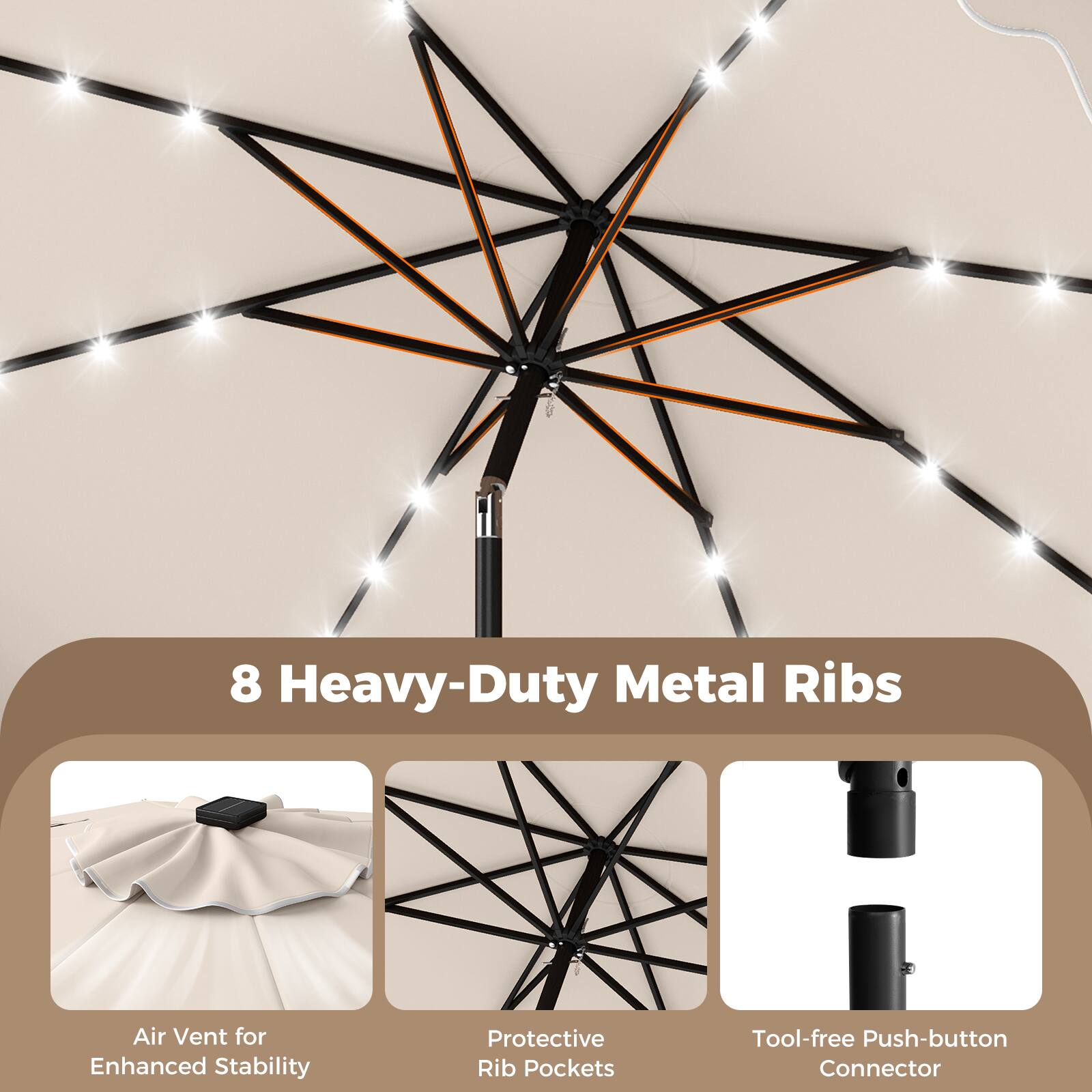 8 Heavy-Duty Metal Ribs  
Air Vent for Enhanced Stability  
Protective Rib Pockets  
Tool-free Push-button Connector