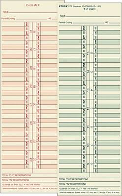 Certainly! Here is the corrected and grouped text from the image:

---

**2nd HALF**

**Period Ending**  
10

**TOTAL OUT REGISTRATIONS**  
TOTAL "OUT" REGISTRATIONS

**TOTAL IN REGISTRATIONS**  
TOTAL "IN" REGISTRATIONS

---

**1st HALF**

**Period Ending**  
10

**TOTAL OUT REGISTRATIONS**  
TOTAL "OUT" REGISTRATIONS

**TOTAL IN REGISTRATIONS**  
TOTAL "IN" REGISTRATIONS

---

**TOTAL OUT REGISTRATIONS**  
TOTAL "OUT" REGISTRATIONS

**TOTAL IN REGISTRATIONS**  
TOTAL "IN" REGISTRATIONS

---

**NOTES:**
- "Includes 'IN' from 'OUT' - Net Time Worked"
- "Includes only 1st clock prior to 0000 hrs. and 1000 hrs. for 1000 hrs. of a day"

---

**TOPS 1976**  
**Period Ending 10-0000/10-03-76**  
**1st HALF**

---

**TOTAL OUT REGISTRATIONS**  
TOTAL "OUT" REGISTRATIONS

**TOTAL IN REG