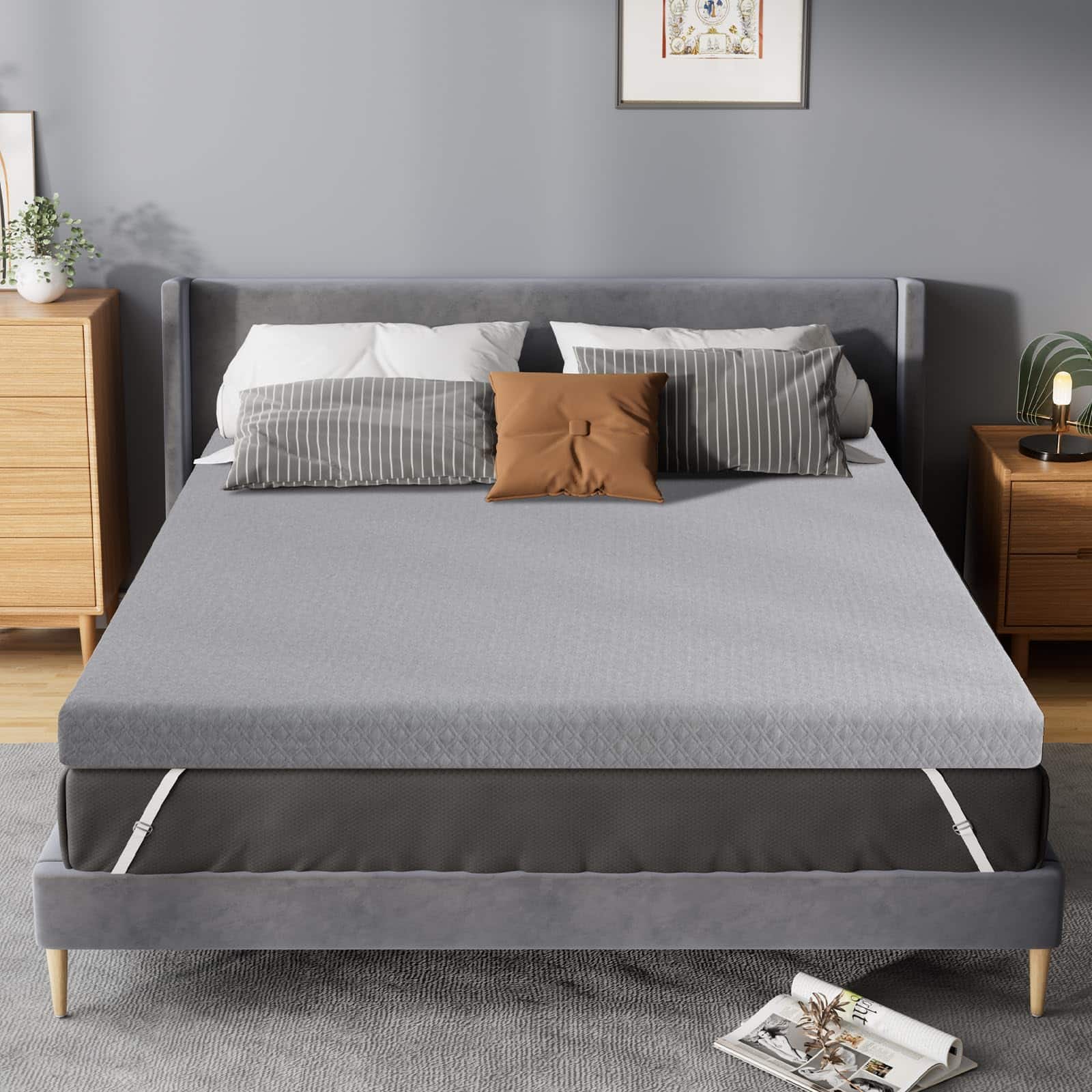 Vipbear - 3 Inch Queen Memory Foam Mattress Pad for Back Pain Relief, Firm Bed Topper with Removable Cover, No Smell - Gray