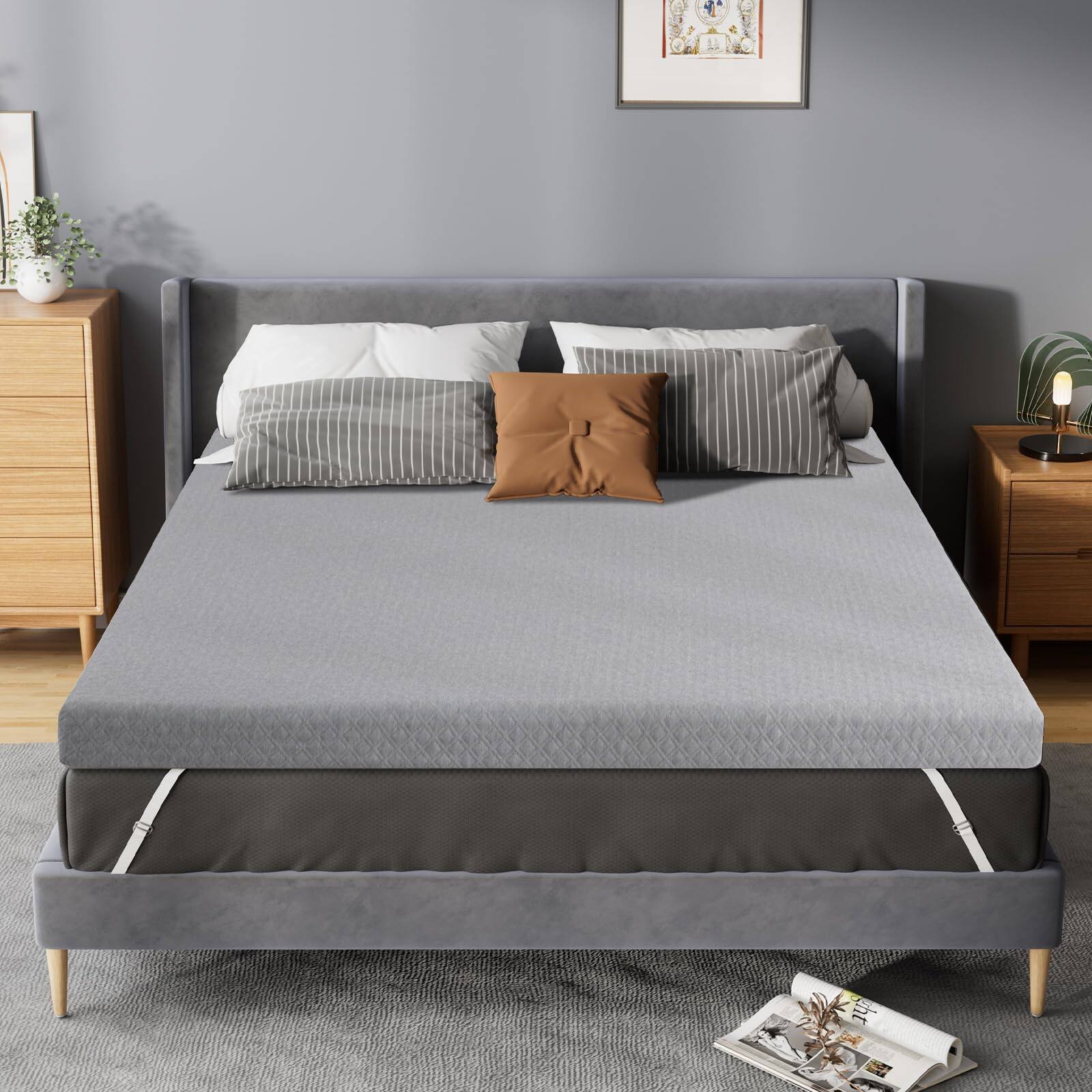 Vipbear - 3 Inch Queen Memory Foam Mattress Pad for Back Pain Relief, Firm Bed Topper with Removable Cover, No Smell - Gray