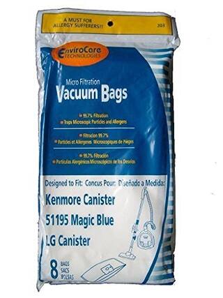 A MUST FOR ALLERGY SUFFERERS!
203 EnviroCore TECHNOLOGIES Micro Filtration Vacuum Bags
97% Filtration Traps Microscopic Particles and Allergens
99.7% Particles et Allergenes Microscopiques de Pièges
99.7% Particulas Alerginicas Microscópicos de los Desvios
Designed to Fit:
Concus Pour, Diseñado a Medida:
Kenmore Canister 51195 Magic Blue
LG Canister