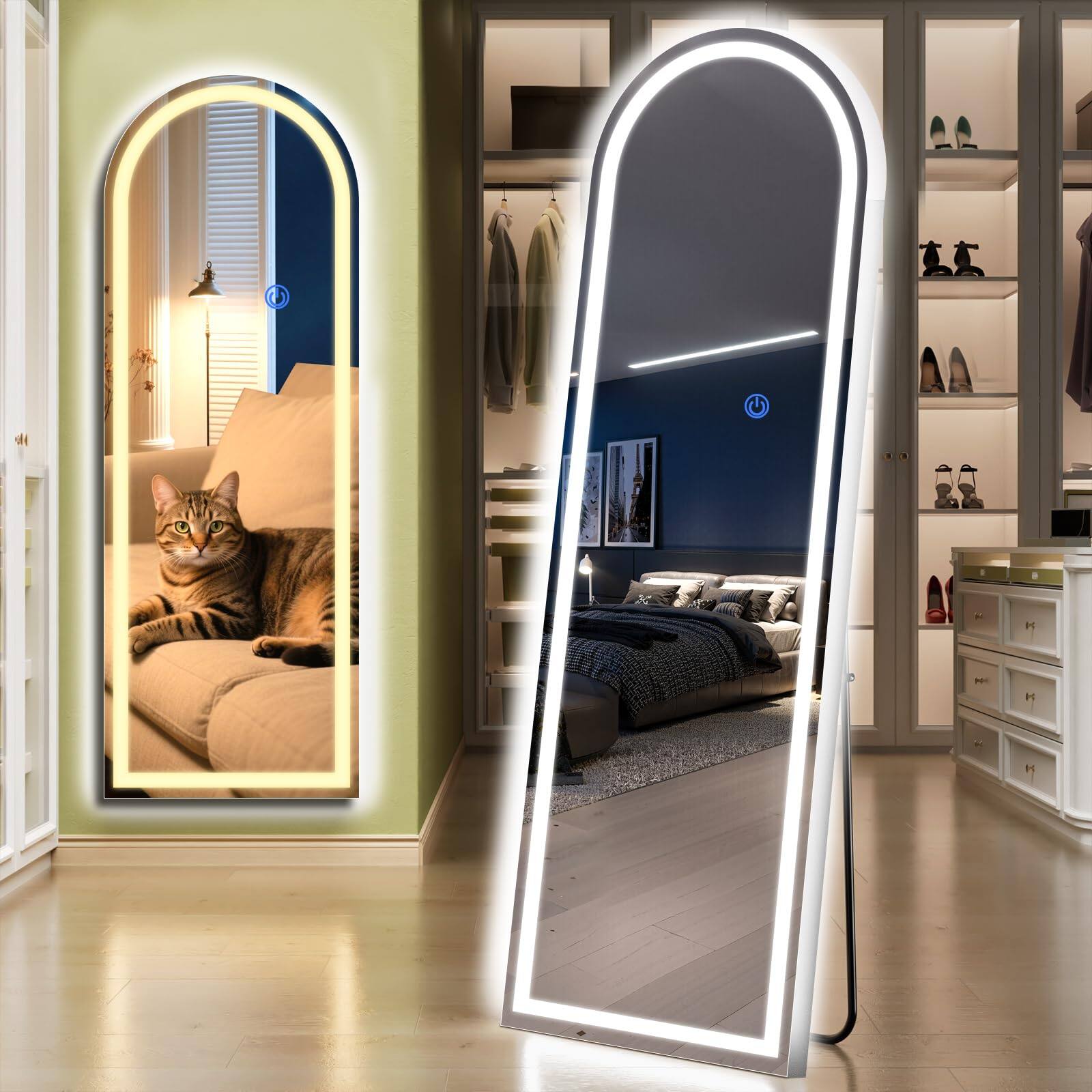 Front. Hirose Alice - Arch Full Length Standing Mirror With Led Lights Dimming Lighting Tall Body For Bedroom Dressing Room.