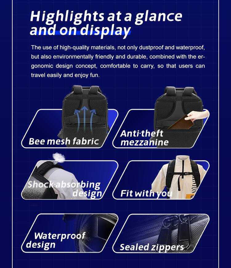 Highlights at a glance and on display

The use of high-quality materials, not only dustproof and waterproof, but also environmentally friendly and durable, combined with the ergonomic design concept, comfortable to carry, so that users can travel easily and enjoy fun.

- Anti-theft mezzanine
- Bee mesh fabric
- Shock-absorbing design
- Fit with you
- Waterproof design
- Sealed zippers