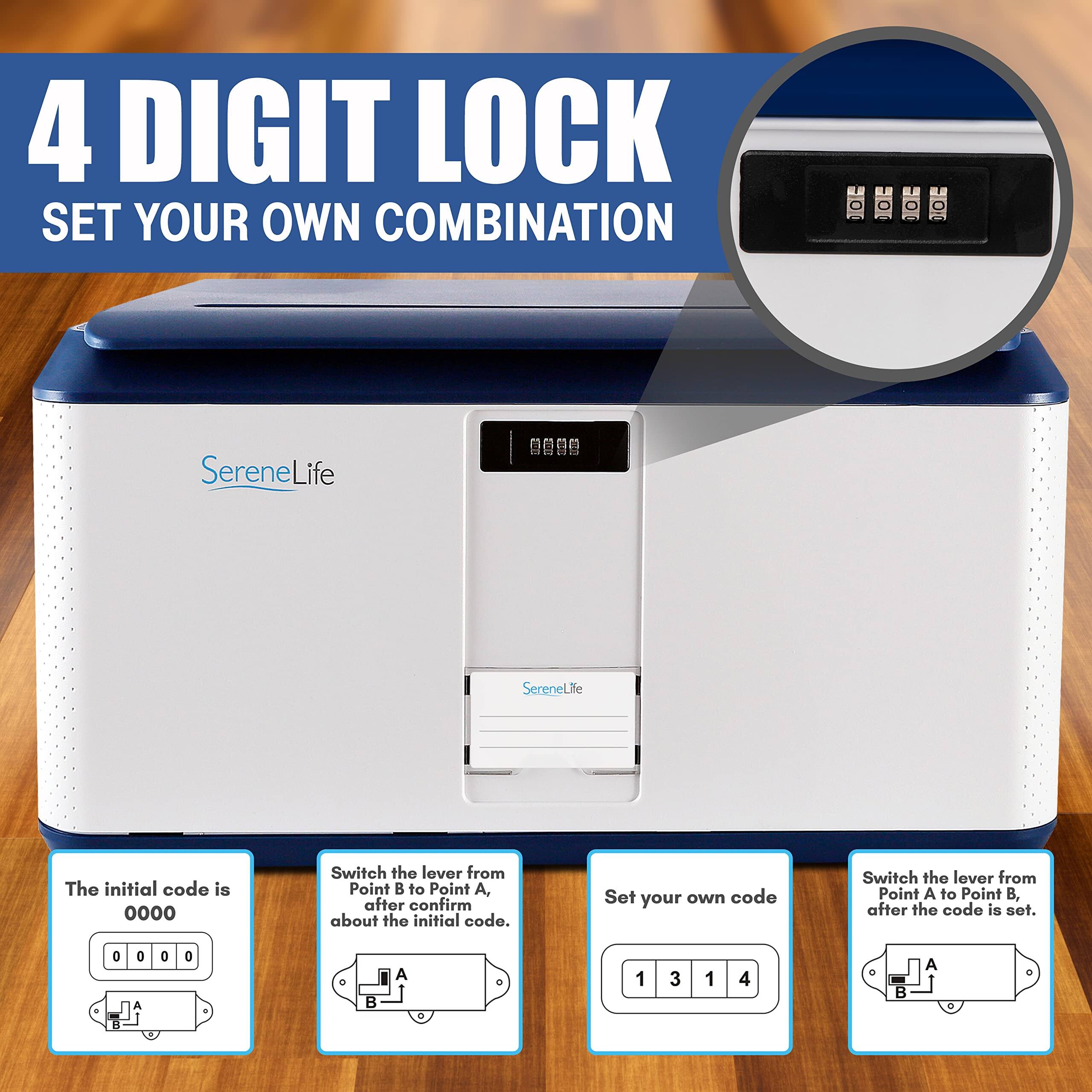 4 DIGIT LOCK  
SET YOUR OWN COMBINATION  

1 - SereneLife  
0000  

The initial code is 0000  
Switch the lever from Point B to Point A, after confirming about the initial code.  

Set your own code  
Switch the lever from Point A to Point B, after the code is set.  

0 a A 0 0 A 1 3 1 4 B A
