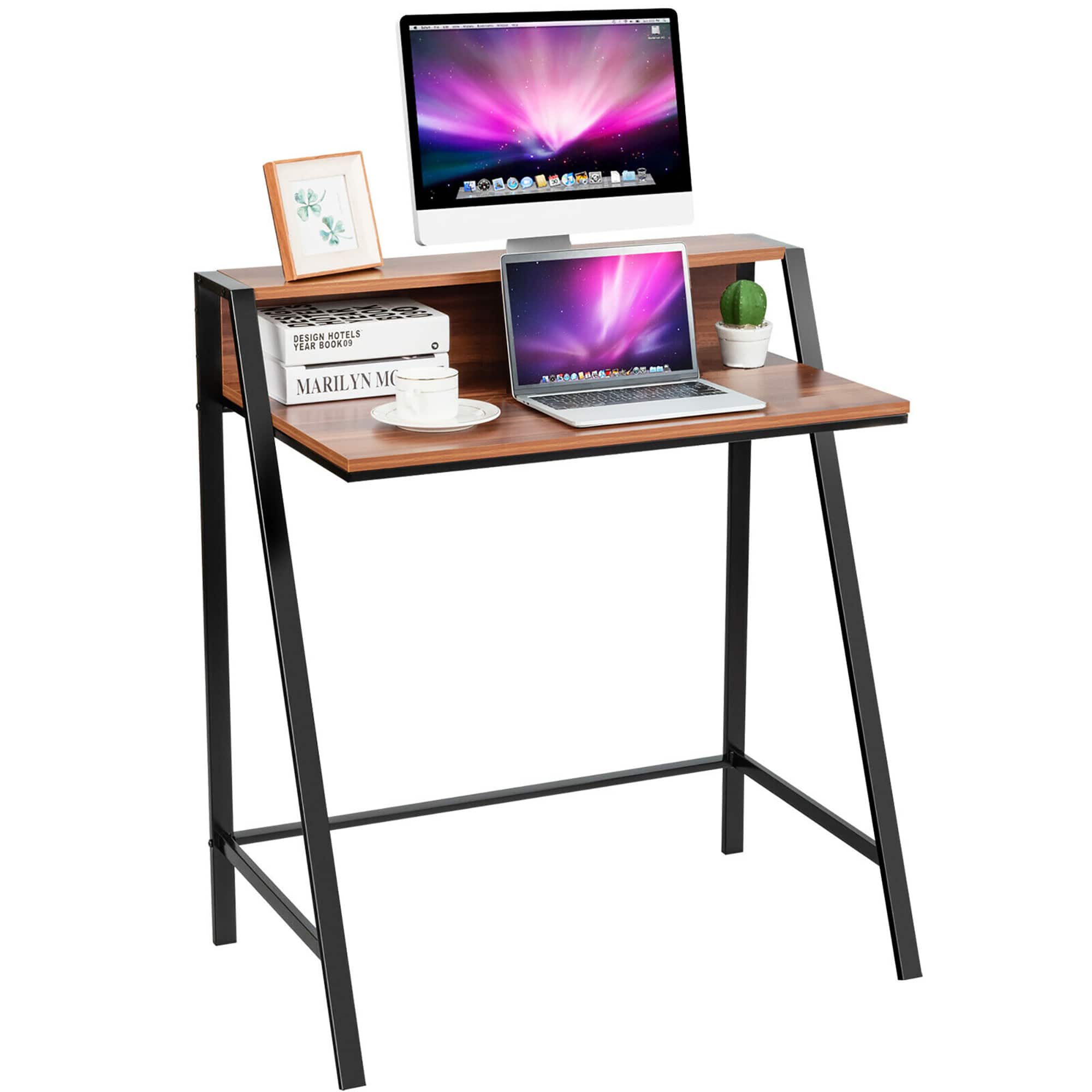 Costway - 2 Tier Computer Desk PC Laptop Table Study Writing Home Office Workstation - Brown