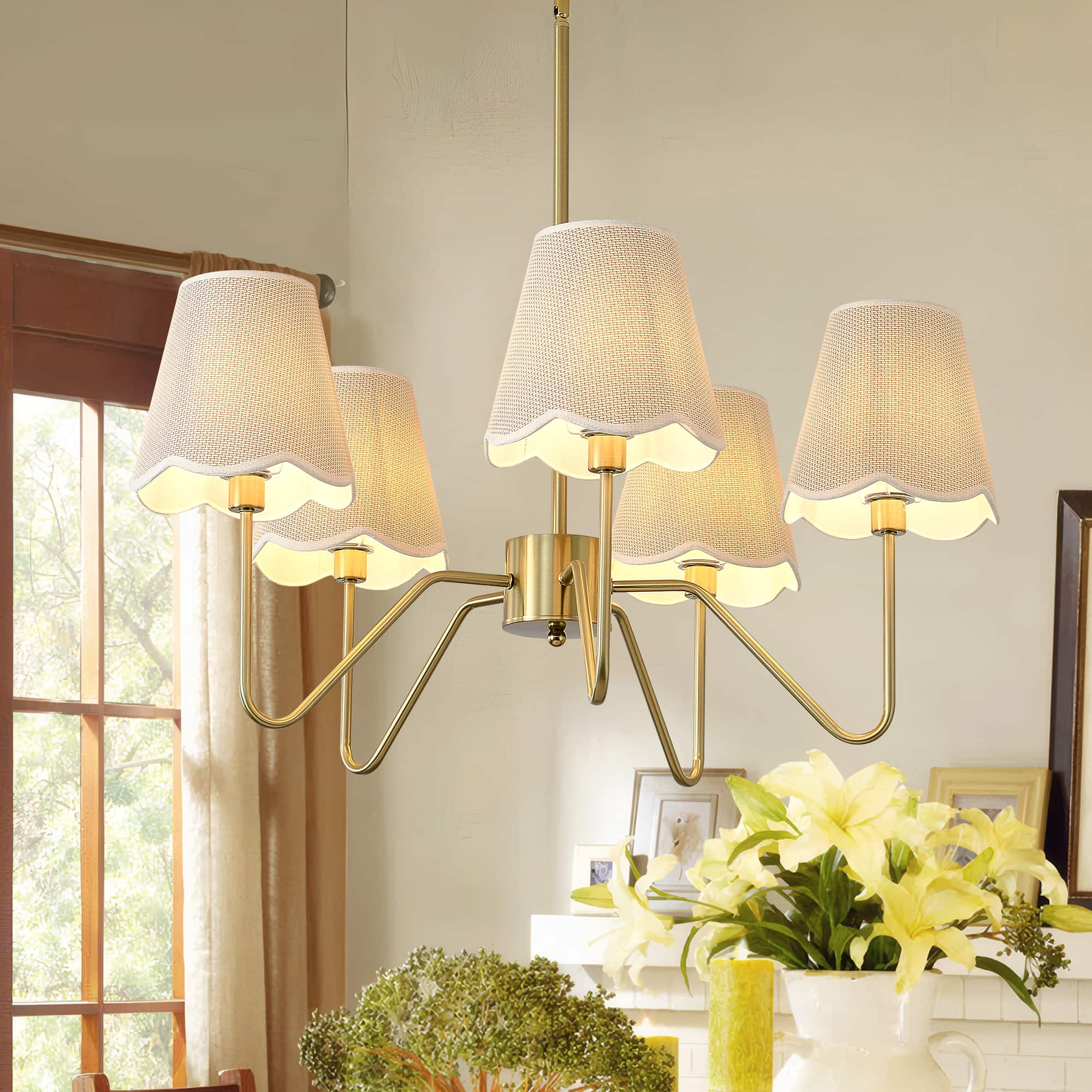 RYHNUYNE - 5-Light Boho Chandelier with Fabric Shades 32 Inch Adjustable Brass Pendant Light for Dining Room Kitchen Island - Gold