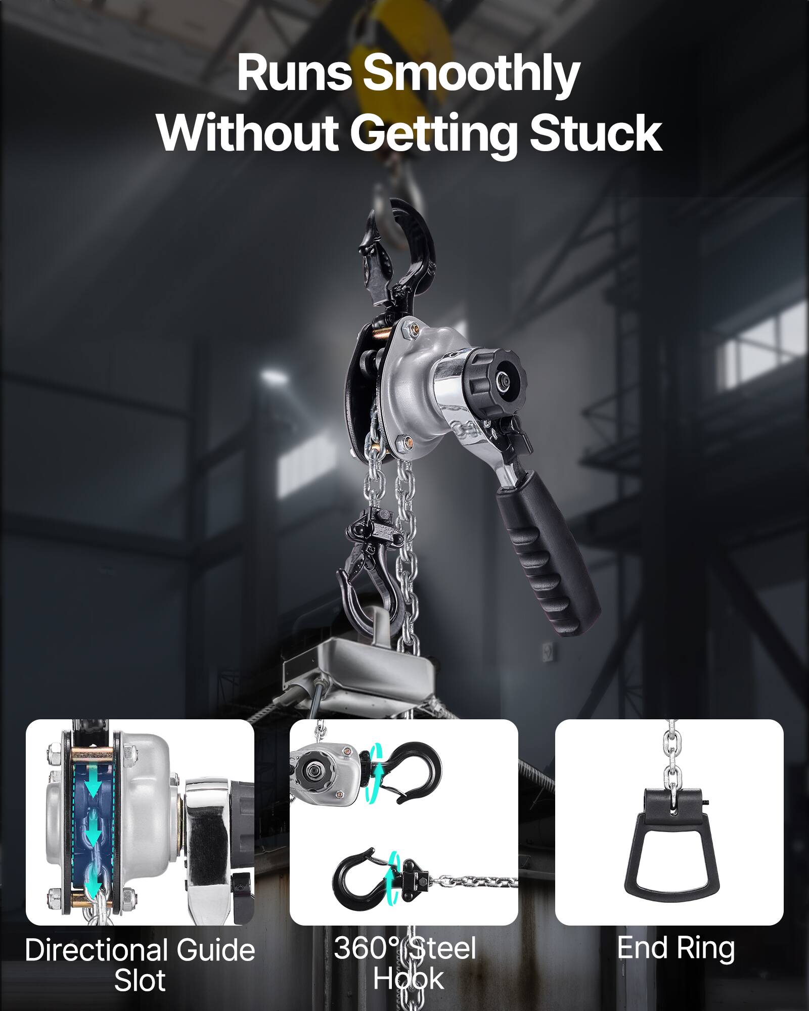 Runs Smoothly Without Getting Stuck

- Directional Guide Slot
- 360° Steel Hook
- End Ring