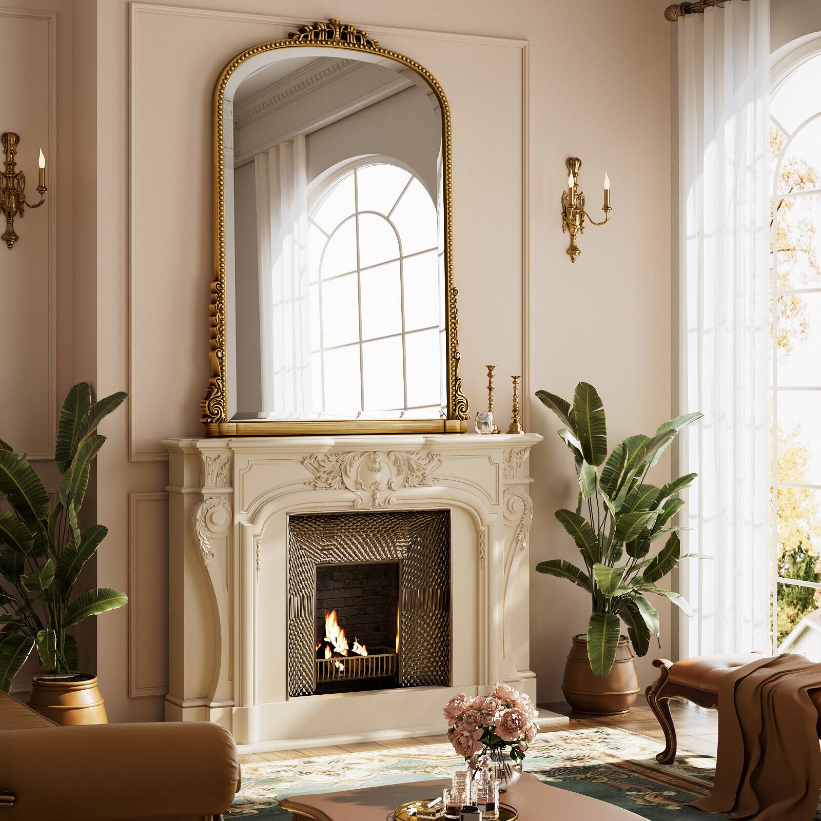 Back. Easly - Antique Gold 28 in. W x 40 in. H Carved Arched PU Frame Vanity Wall Mirror - Gold.