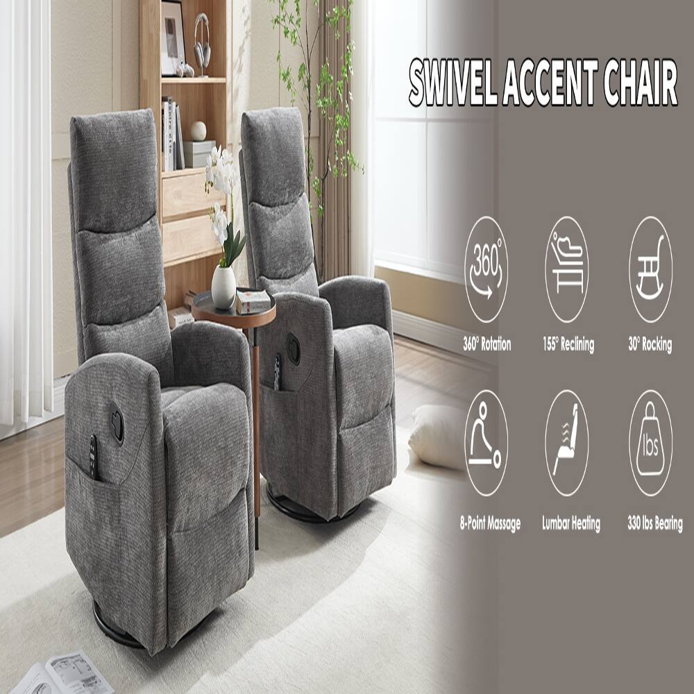 SWIVEL ACCENT CHAIR

- 360° Rotation
- 155° Reclining
- 30° Rocking
- 8-Point Massage
- Lumbar Heating
- 330 lbs Bearing