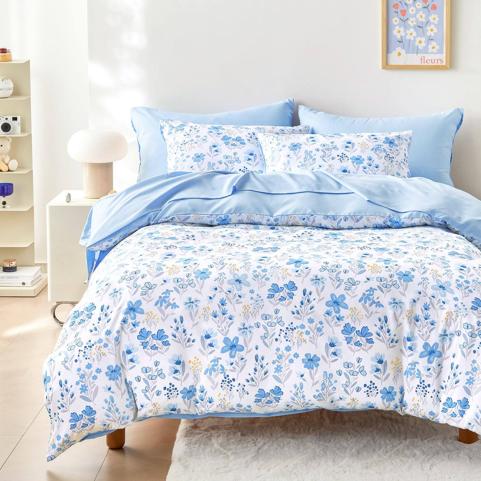 Jupe De Lit Vintage Cannon - Motif Floral Bleu/blanc - Taille Double + 2 Taies