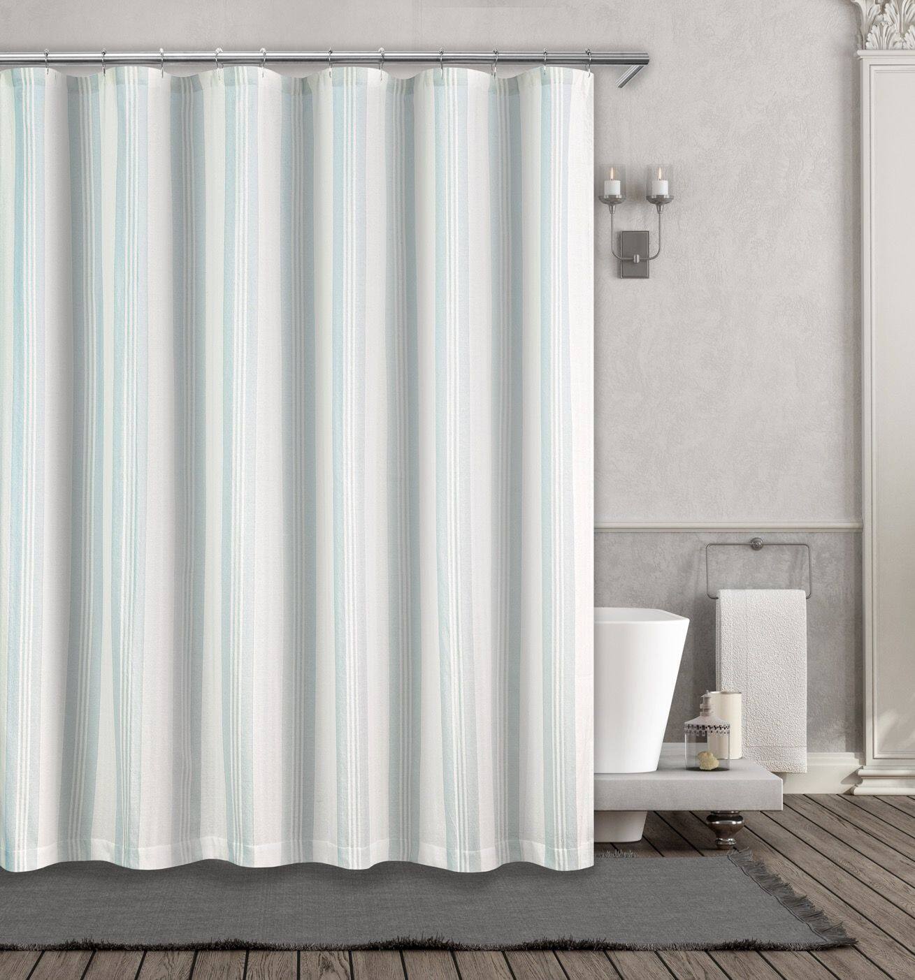 Front. Kate Aurora - Kate Aurora Nautical Hampton Stripe Cotton Fabric Shower Curtain - 70 in. W x 72 in. L - Aqua - Aqua.