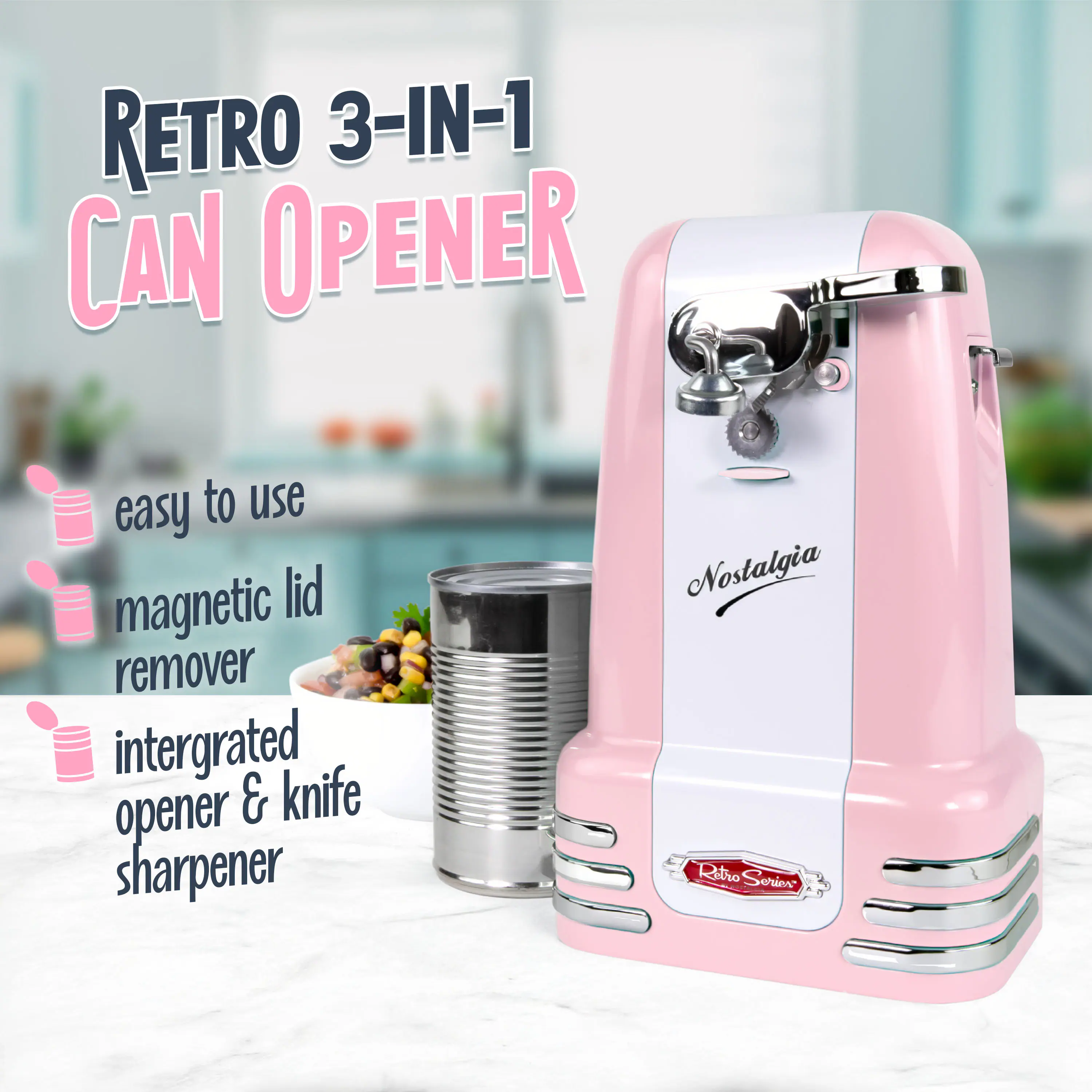 RETRO 3-IN-1 CAN OPENER  
easy to use  
magnetic lid remover  
integrated opener & knife sharpener  
Nostalgia Retro Series