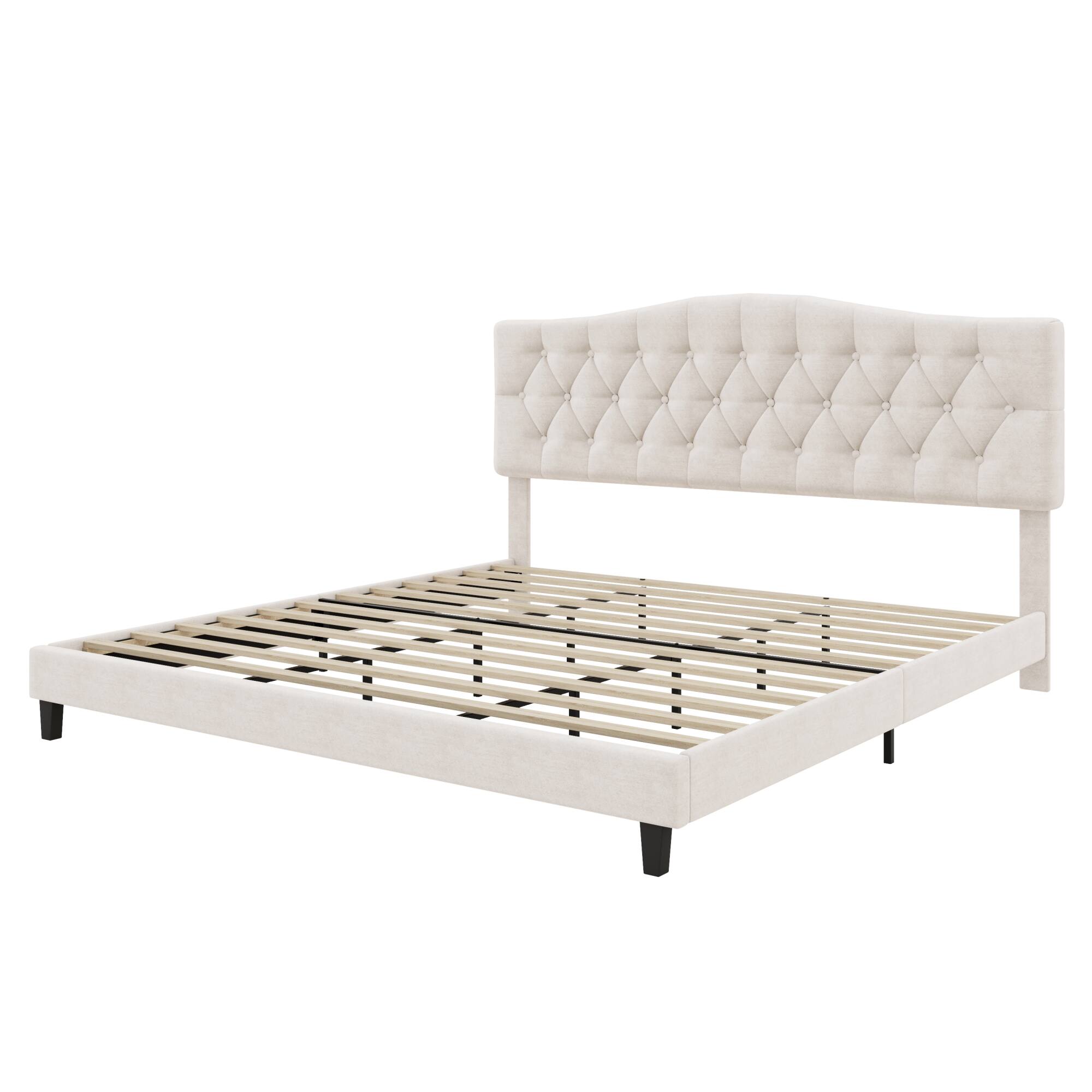 Alt View 2. GOODSILO - Luxury Upholstered Platform Bed with Adjustable Headboard and Diamond Tufted Details - Beige.