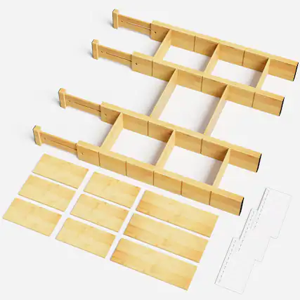 Front. Tooloton - 4 Pack Bamboo Drawer Dividers Set with Adjustable Organizers, 9 Inserts and Labels (17-22 Inch, Natural) - Natural.