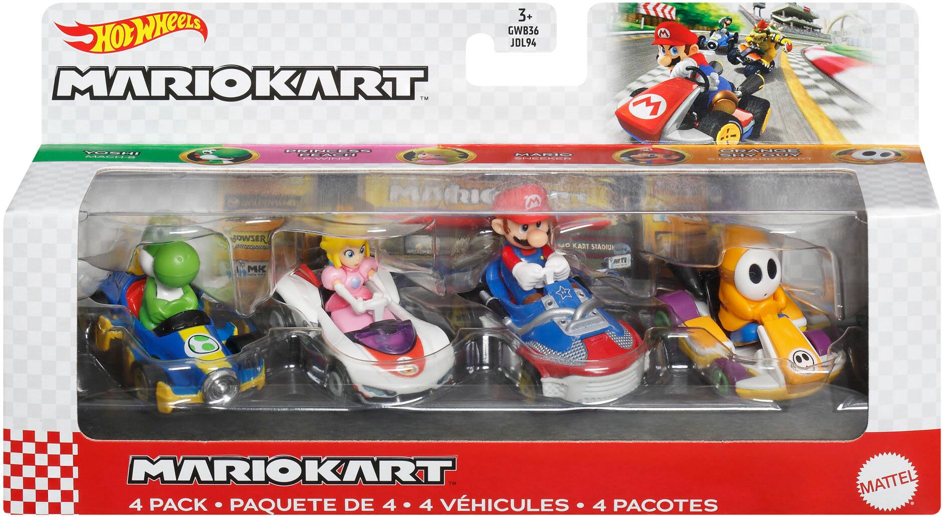 The image features a box of Mario Kart toy cars, which are part of the Mario Kart series. The box contains four toy cars, each with a unique design. The cars are displayed in the box, showcasing their vibrant colors and intricate details. The box is made by Mattel, a well-known toy manufacturer. The Mario Kart toy cars are designed to be used with the Mario Kart game, providing an exciting and engaging gaming experience for fans of the popular franchise.