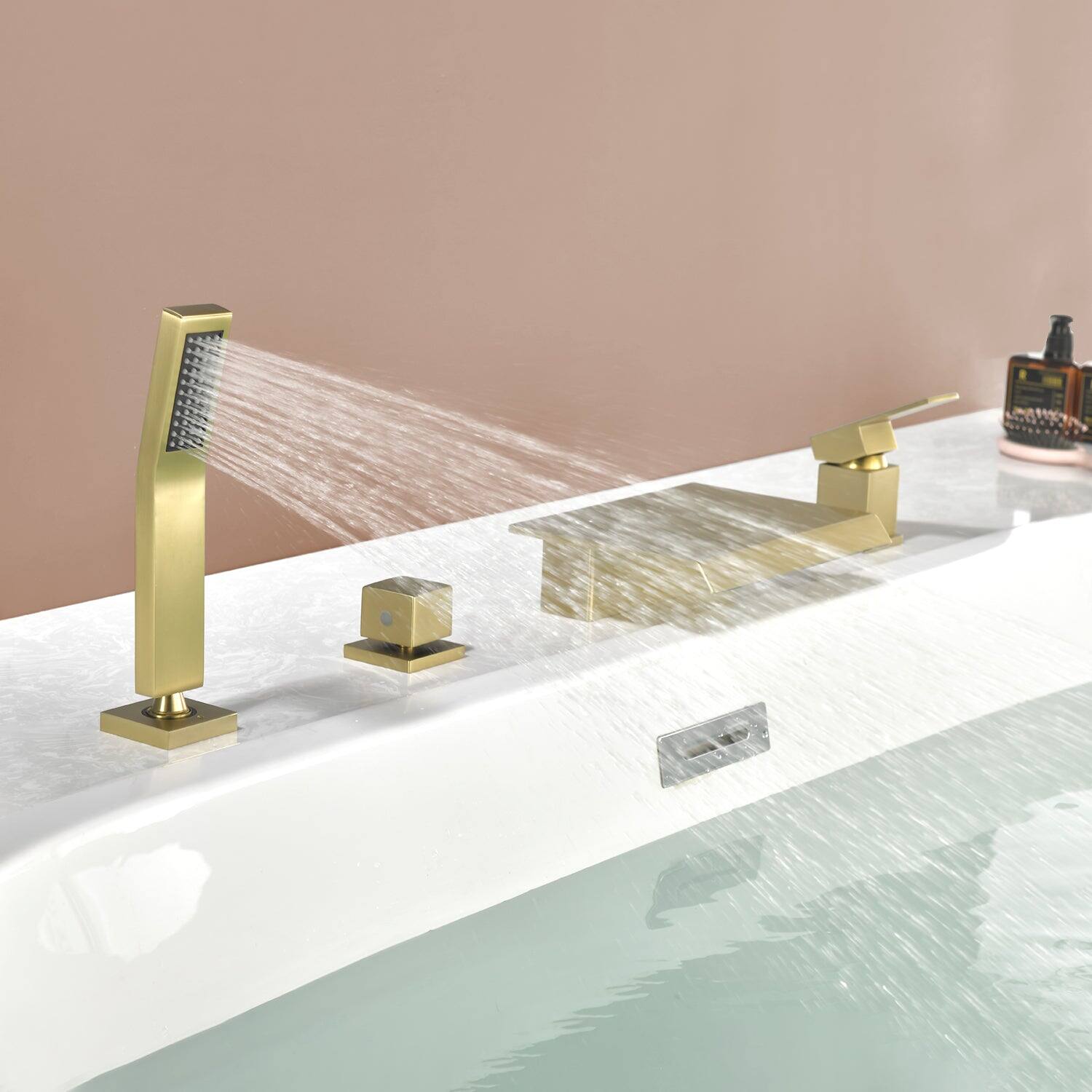 Alt View 8. Boyel Living - Brushed Gold Polygonal Bathtub Faucet with Handheld Shower and Waterfall Outlet Cold and Hot Dual Control - Brushed Gold.