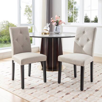 Front. Vecelo - Set of 2 Linen Dining Chairs Upholstered Chairs- Ergonomic High Back, 260lb Capacity, Solid Wood Legs - Beige.