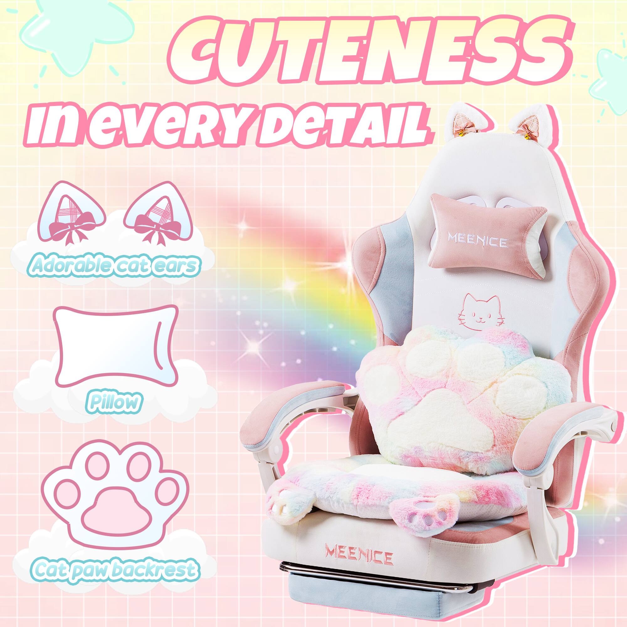 Cuteness in every detail  
Adorable cat ears  
Pillow  
Cat paw backrest  
Meenice