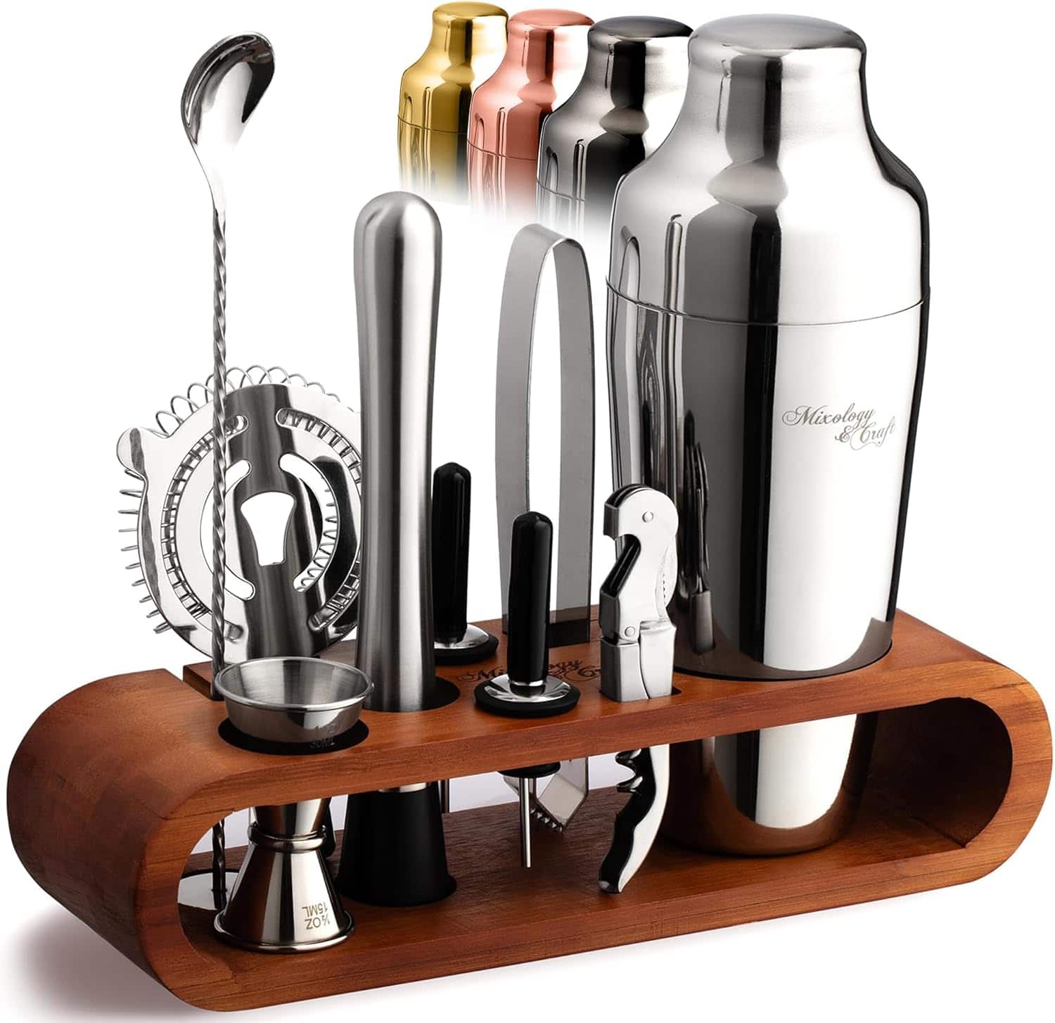 Zulay Kitchen - Mixology & Craft Cocktail Shaker Set: 10-Piece Bartender Kit with Stand | Complete Cocktail Kit Gift Set - Brown Silver