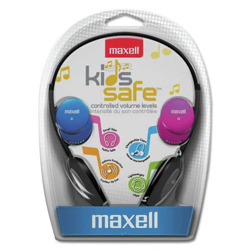 Maxell - 190338 Kids Safe 4 ft. Cord Headphones - with Interchangeable Pink/Blue/Silver Caps - Black