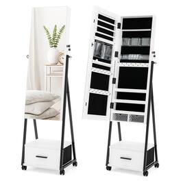 Costway - Jewelry Cabinet Armoire Full Length Mirror Lockable w/ Bottom Drawer & Wheels - White