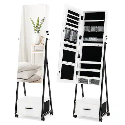 Front. Costway - Jewelry Cabinet Armoire Full Length Mirror Lockable w/ Bottom Drawer & Wheels White - White.