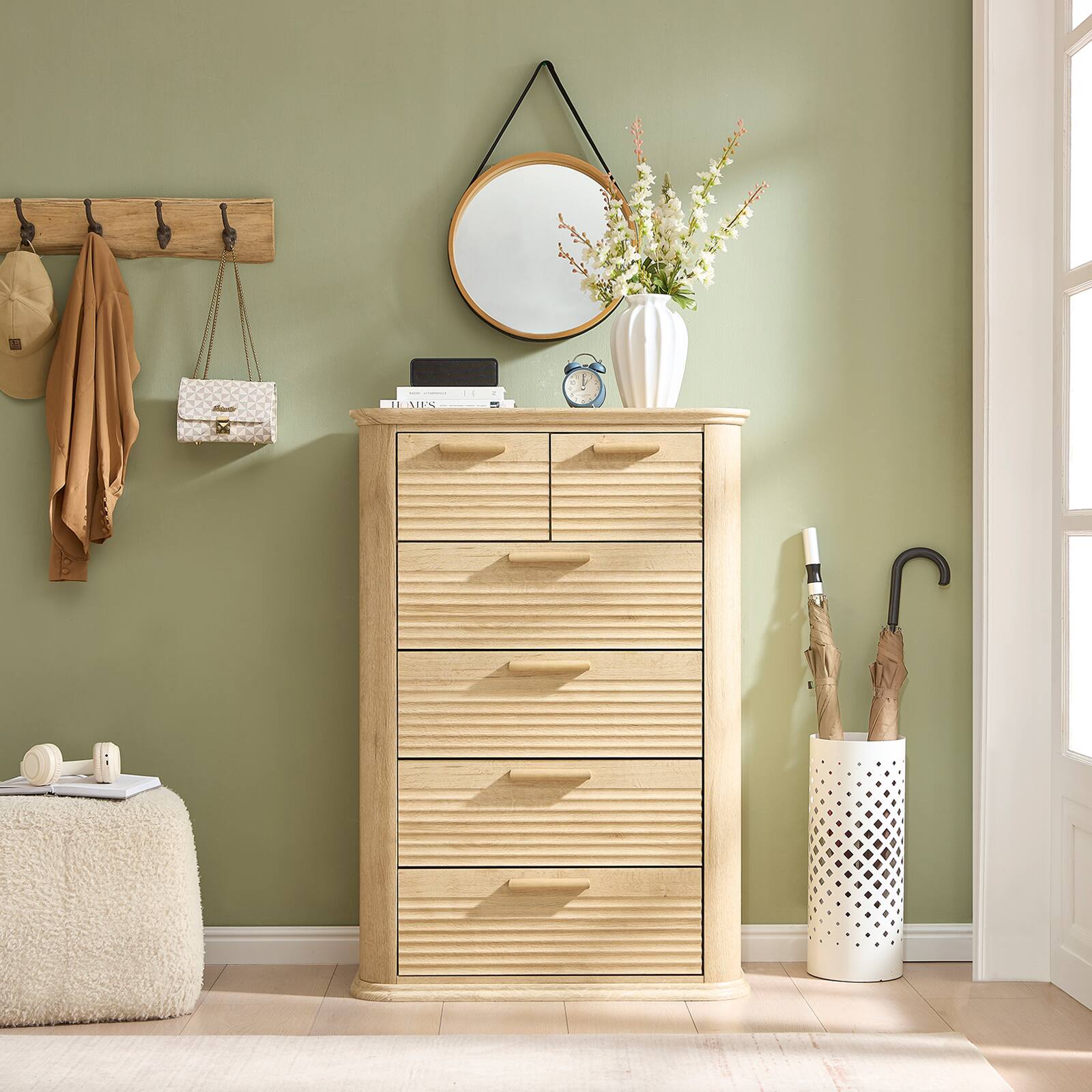 Left. Forest'nSky - Oak Wood 6 drawer 31.5 in. Wide Chest of Drawers with Curved Profile Design for Living Room - Oak.