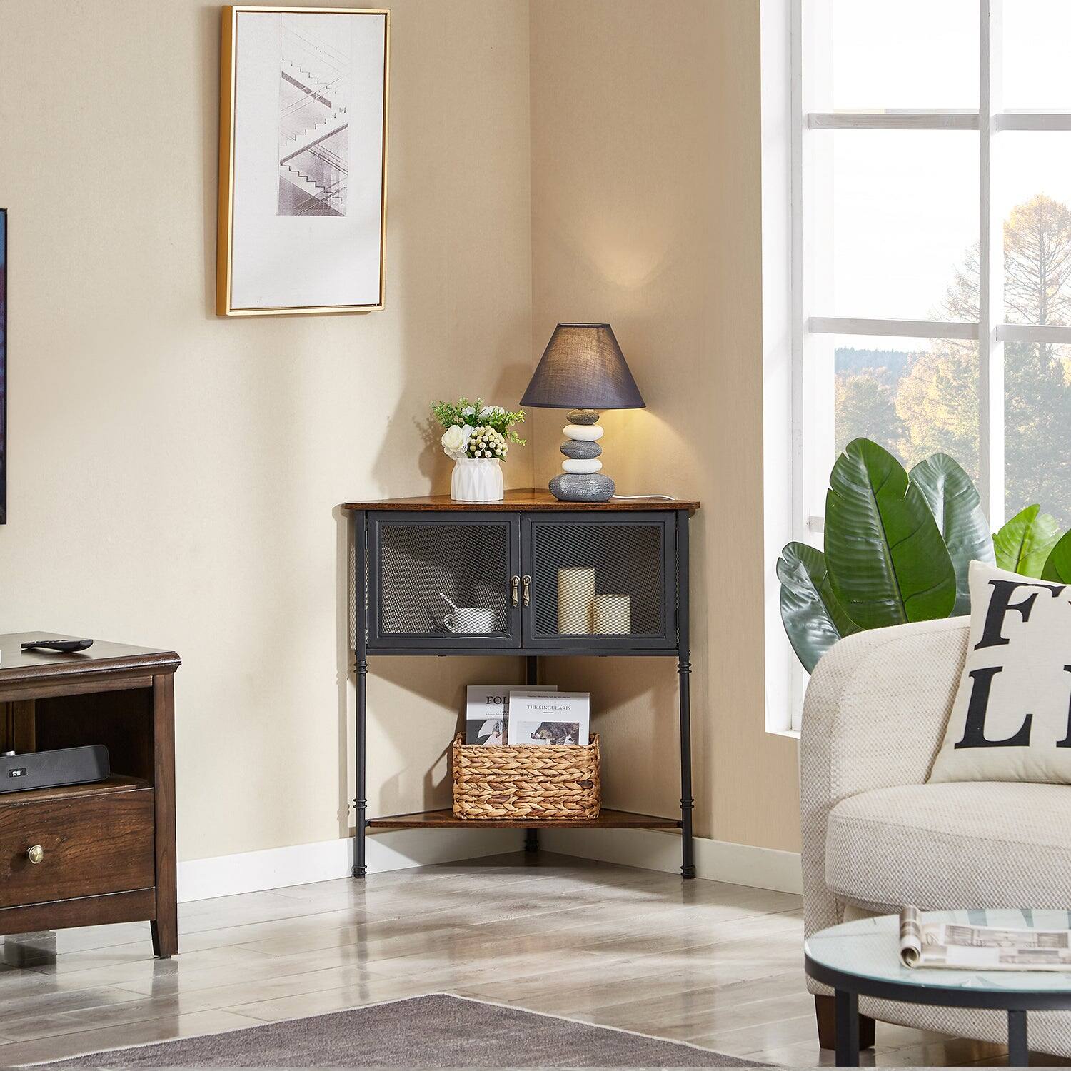 Alt View 2. Vecelo - Modern Triangle Corner Storage Cabinet with Doors, Small Corner Cabinet with Shelves for Bathroom, Living Room - Brown.