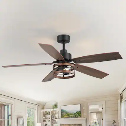 Front. Breezary - 52'' Walnut Wood Indoor Ceiling Fan with Two-Tier Iron-Ring Lantern Shade, Timer, DC Motor, Remote & 6″ Downrod - Matte Black and Brown.