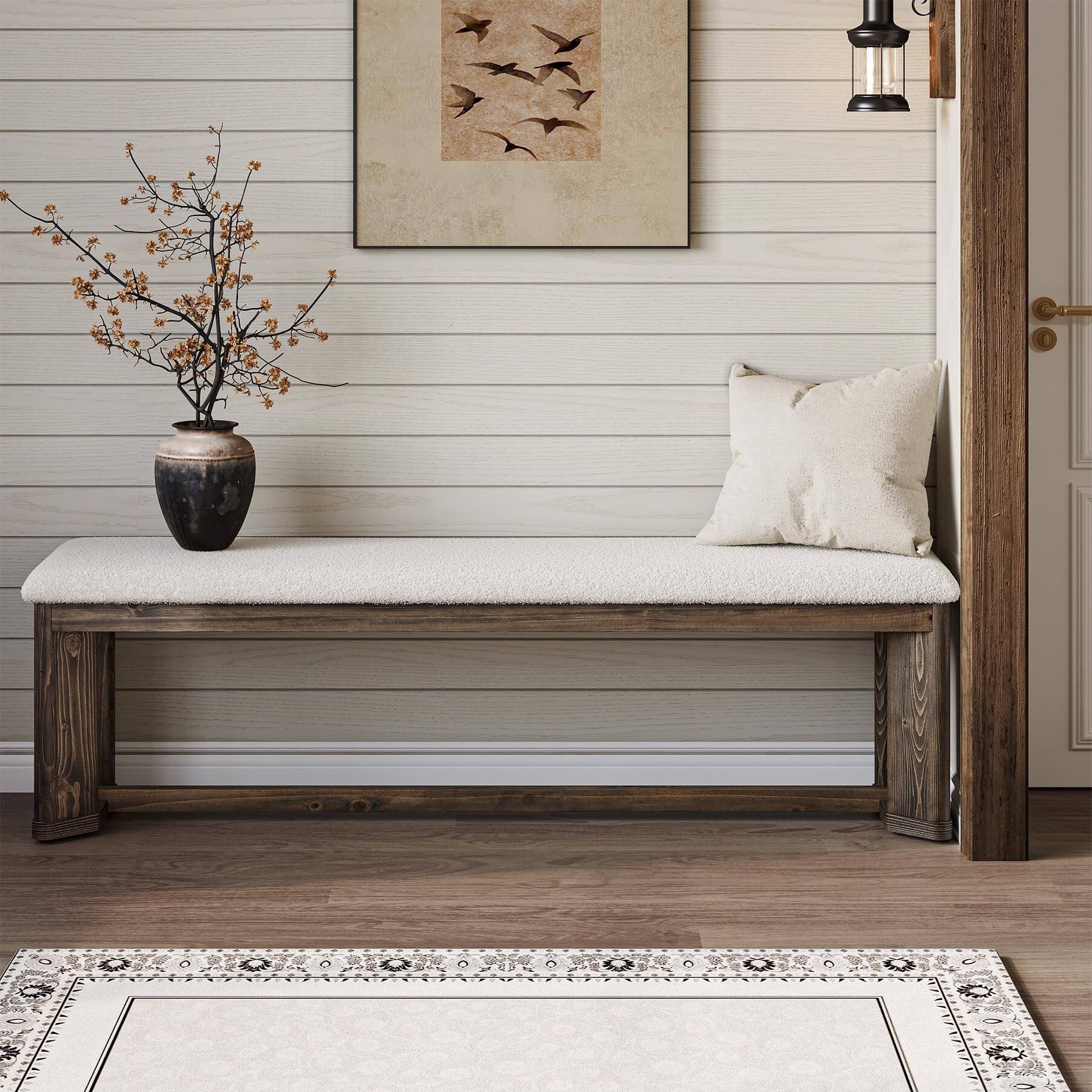Alt View 3. Tribesigns - Upholstered Bench 160CM, Solid Wood Entryway Shoe Bench with Cushion, Long Modern Farmhouse End of Bed Bench with Antiqu - Antique Brown.