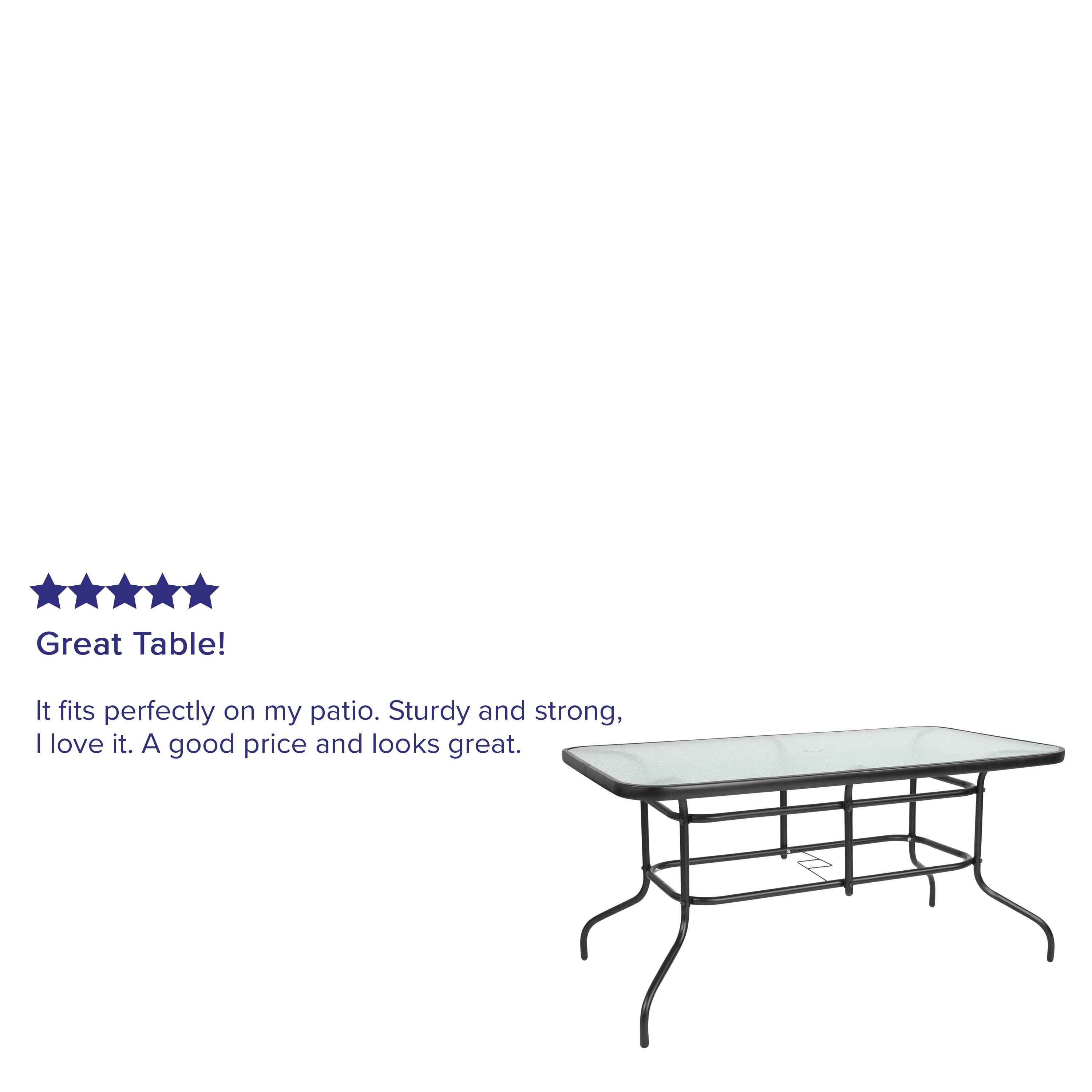 Great Table!  
It fits perfectly on my patio. Sturdy and strong, I love it. A good price and looks great.