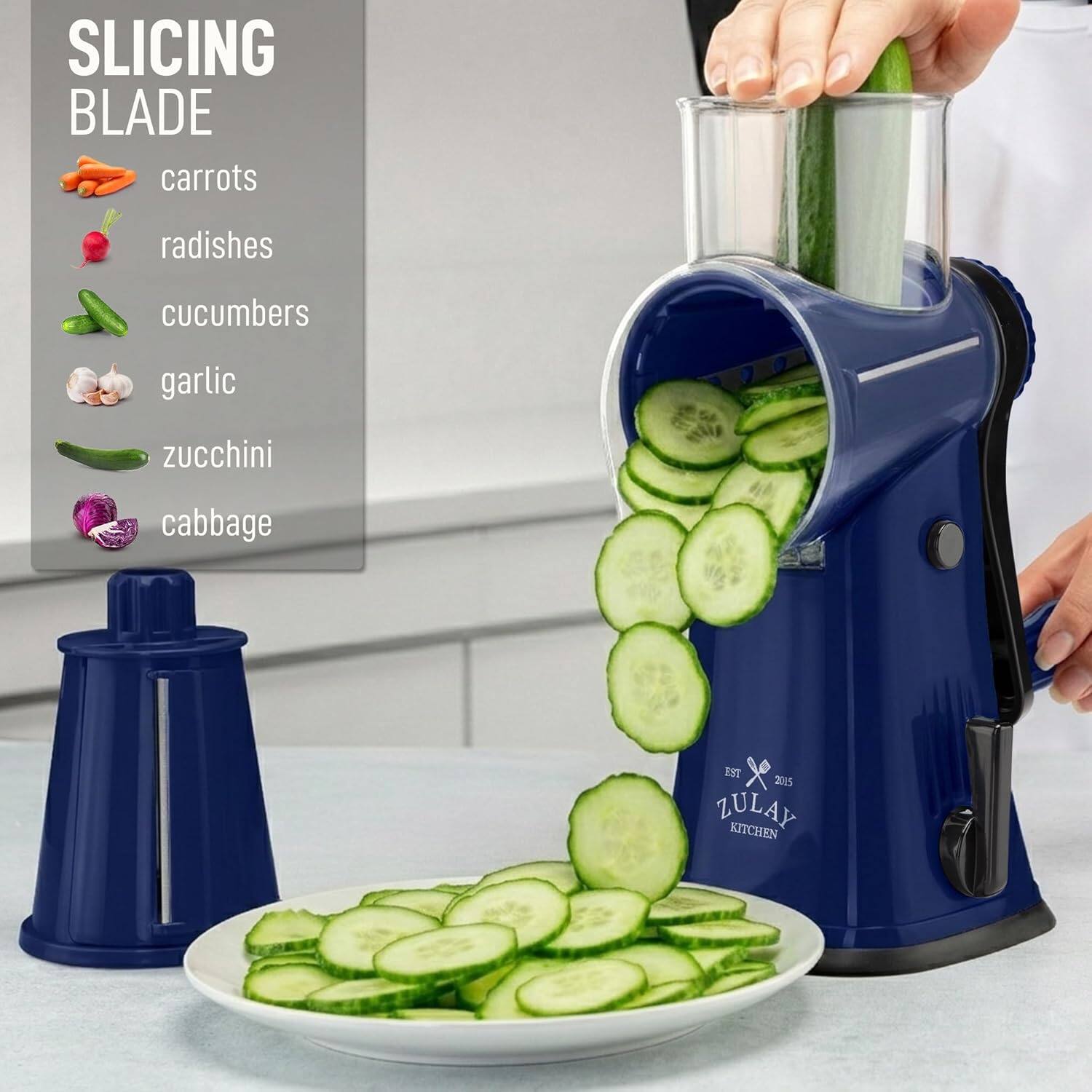 SLICING BLADE  
carrots  
radishes  
cucumbers  
garlic  
zucchini  
cabbage  

EST 2015  
ZULAY KITCHEN