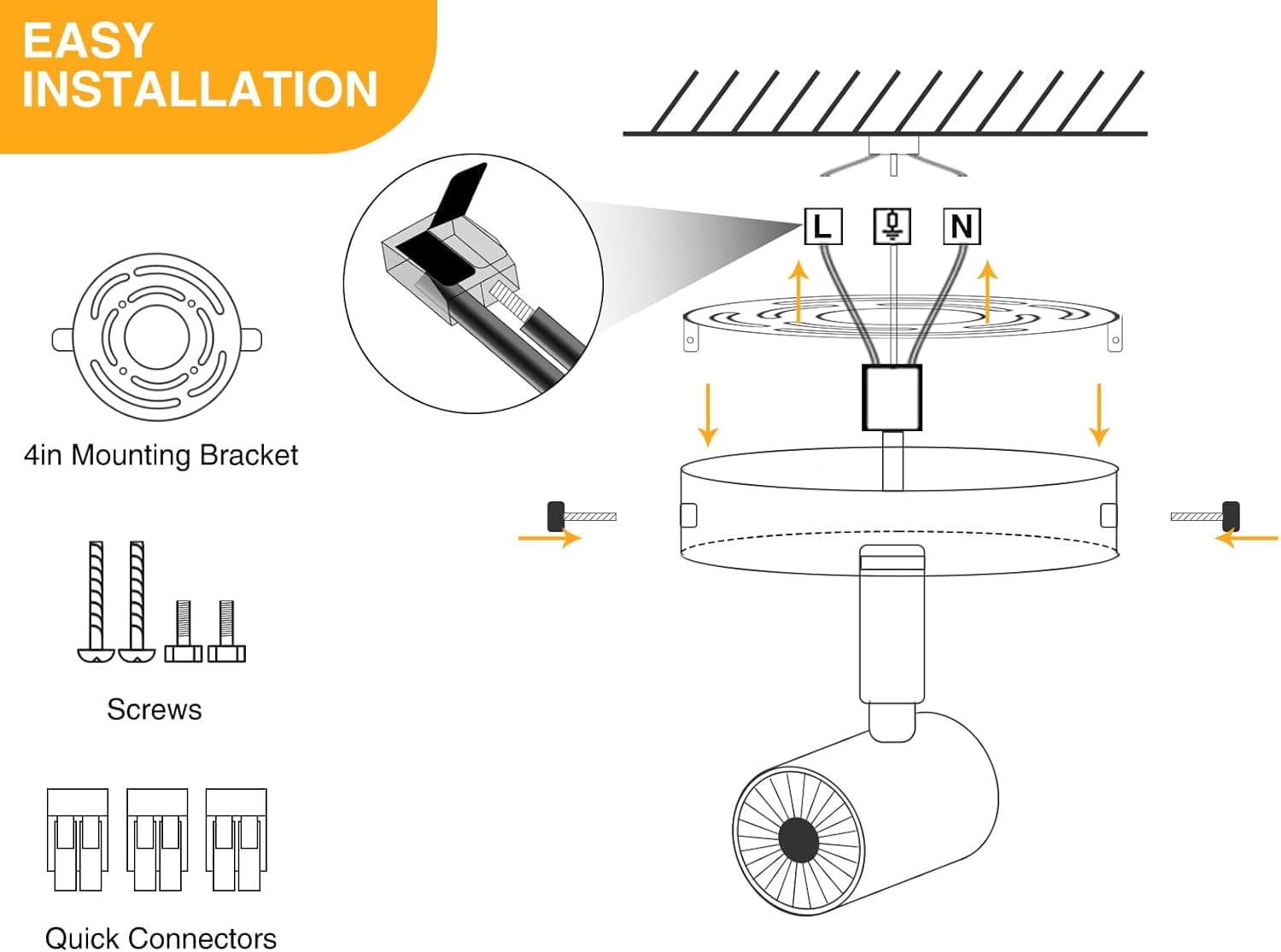 EASY INSTALLATION

- 4in Mounting Bracket
- Screws
- Quick Connectors