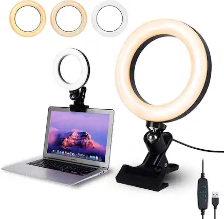 Front. PARKER SLATER - 6.3" Ring Light with Clamp Mount, LED Webcam Light with 3 Color Modes & 10 Brightness Levels for Laptop, PC Monitor, Des.
