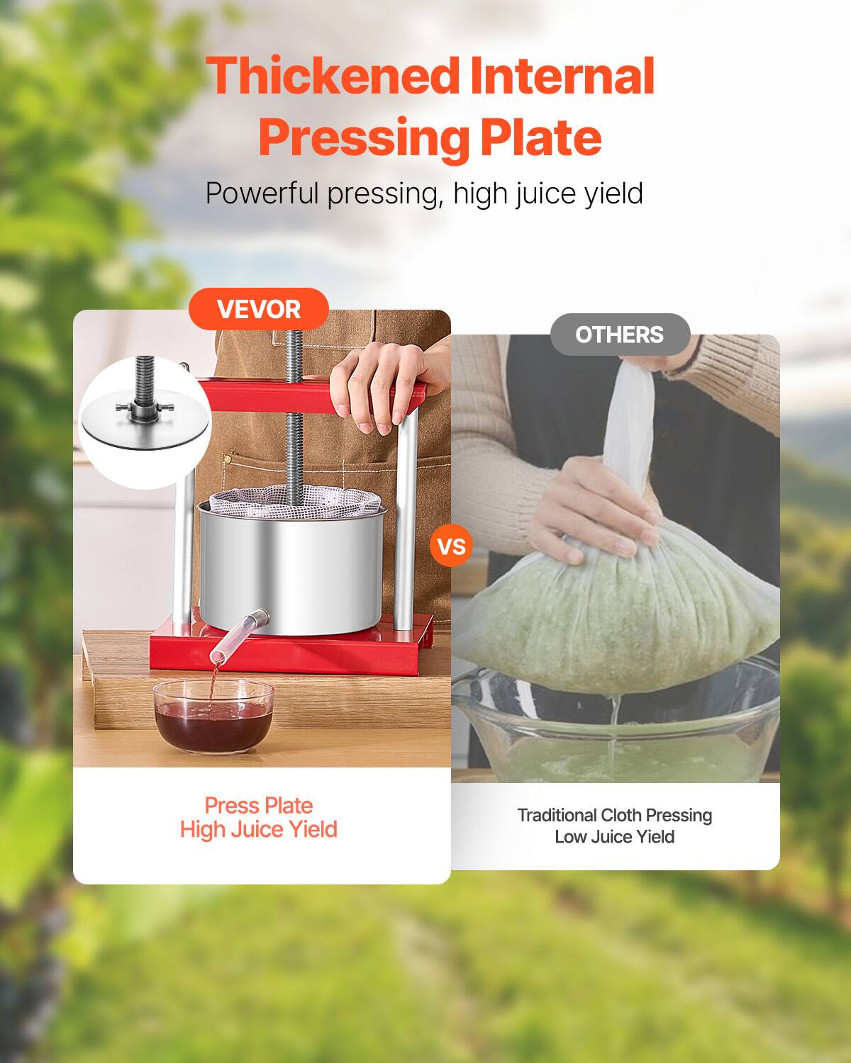 Thickened Internal Pressing Plate  
Powerful pressing, high juice yield  

VEVOR  
Press Plate  
High Juice Yield  

VS  

OTHERS  
Traditional Cloth Pressing  
Low Juice Yield