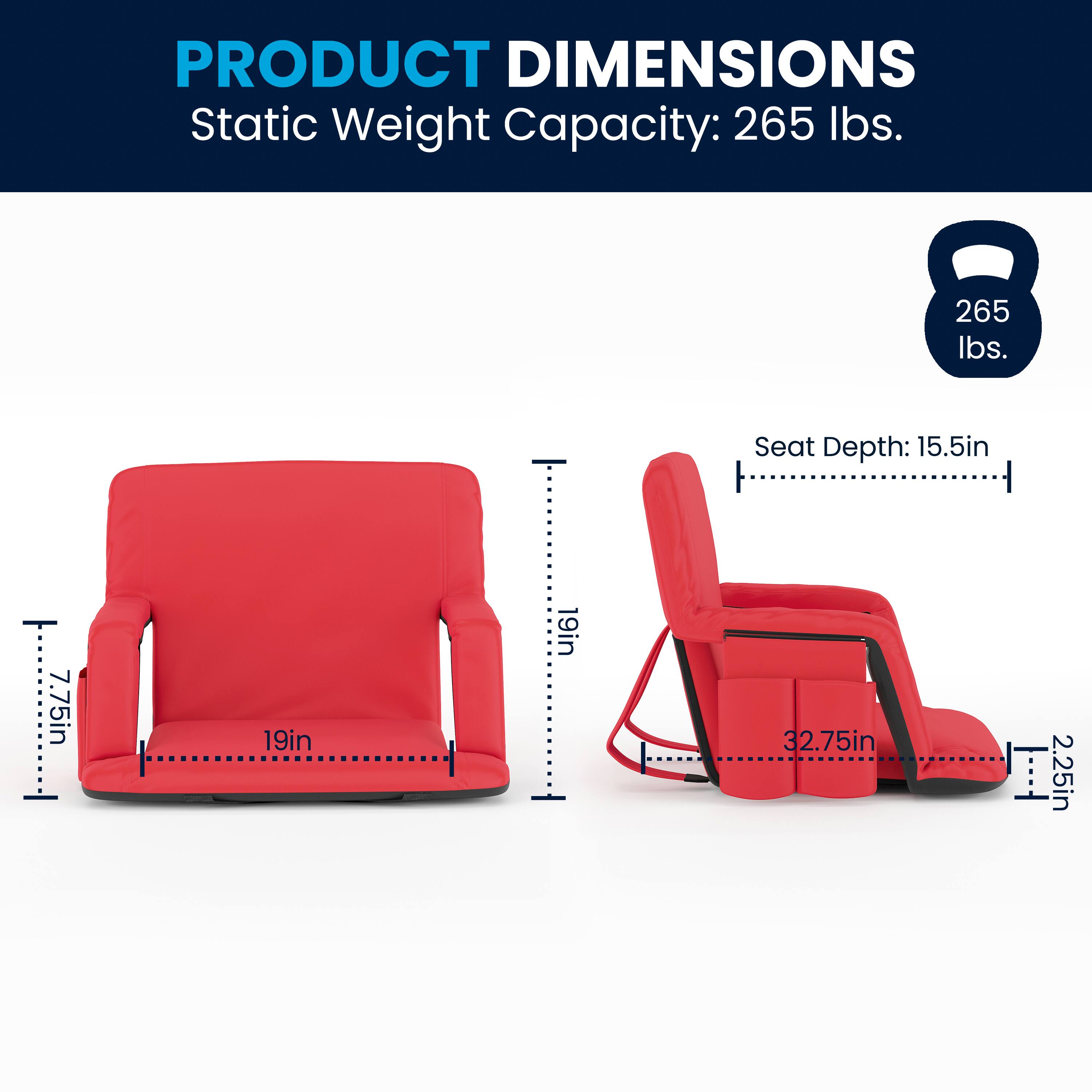 PRODUCT DIMENSIONS  
Static Weight Capacity: 265 lbs.  
Seat Depth: 15.5in  
Seat Width: 19in  
Back Height: 32.75in  
Armrest Height: 7.75in  
Armrest Width: 2.25in