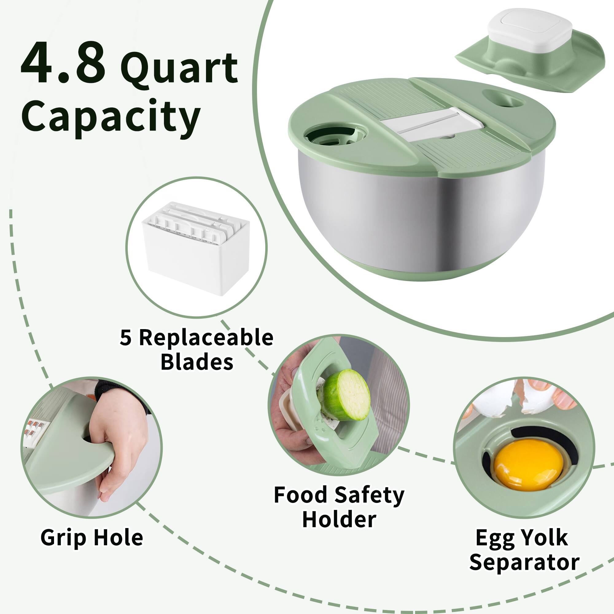 4.8 Quart Capacity  
5 Replaceable Blades  
Grip Hole  
Food Safety Holder  
Egg Yolk Separator