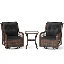 Boyel Living - 3 Pieces Patio Furniture Set PE Wicker Swivel Glider Chairs with 2Tier Side Table and 35-in L x 30-in W x 26-in H - Black