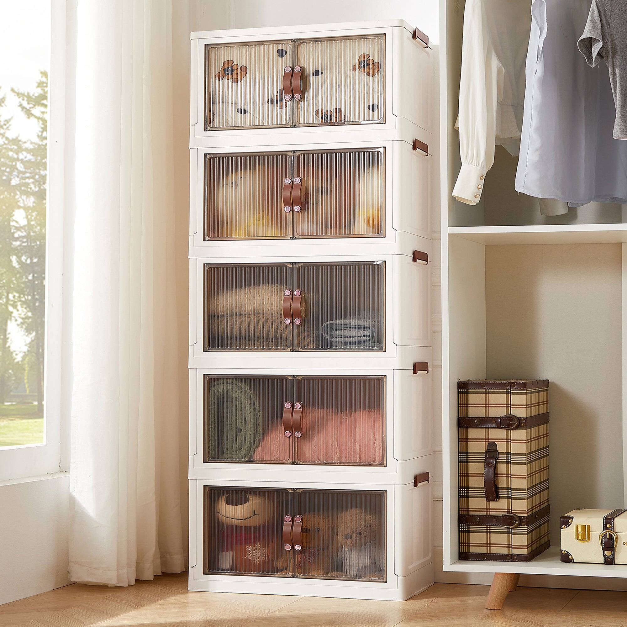 Vecelo - 5-Tier Stackable Storage Bins with Wheels - 64Qt Collapsible Organizer, Foldable Storage Containers with Lids - White